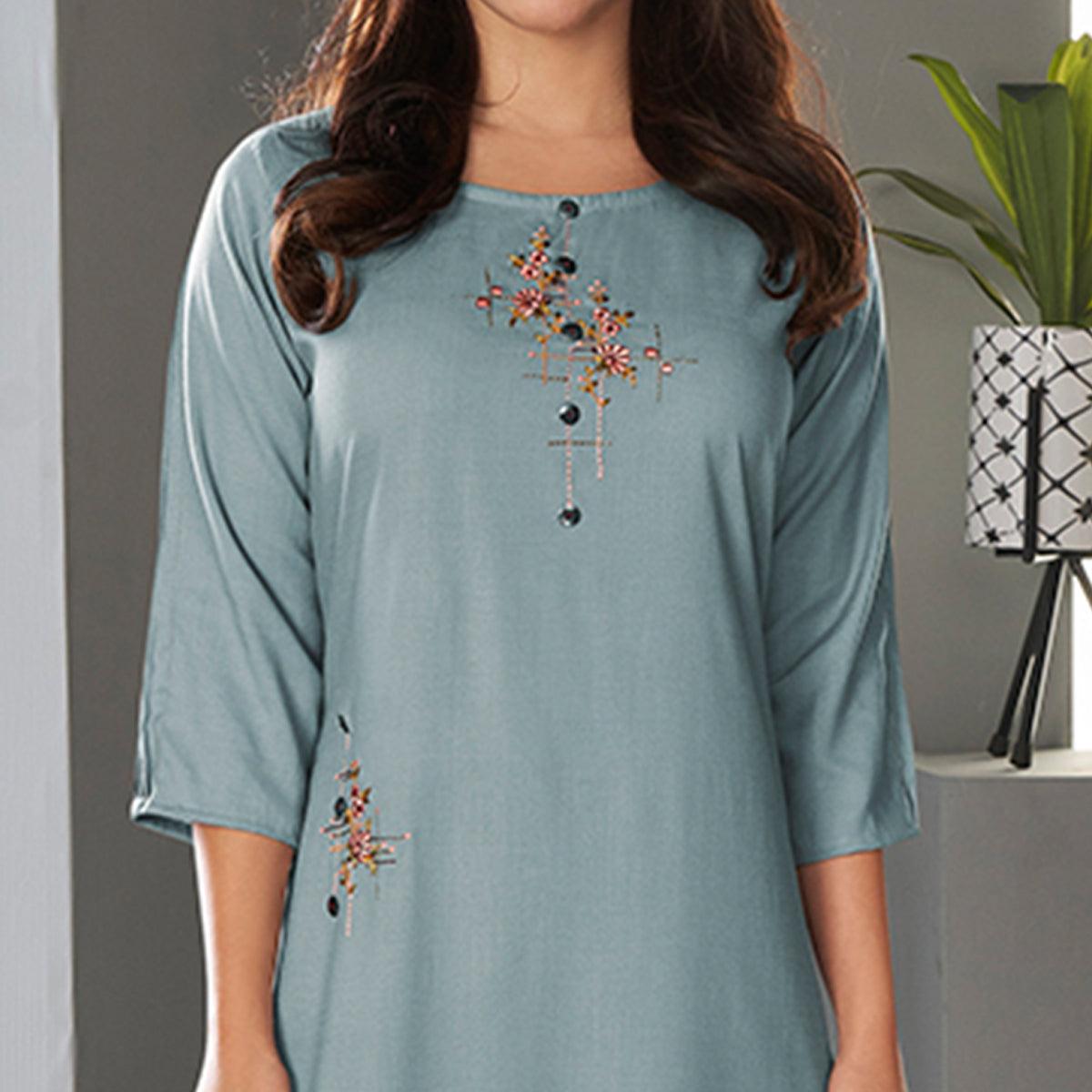 Peachmode Seller Light Blue Casual Wear Embroidered Pure Viscose Kurti - view 4