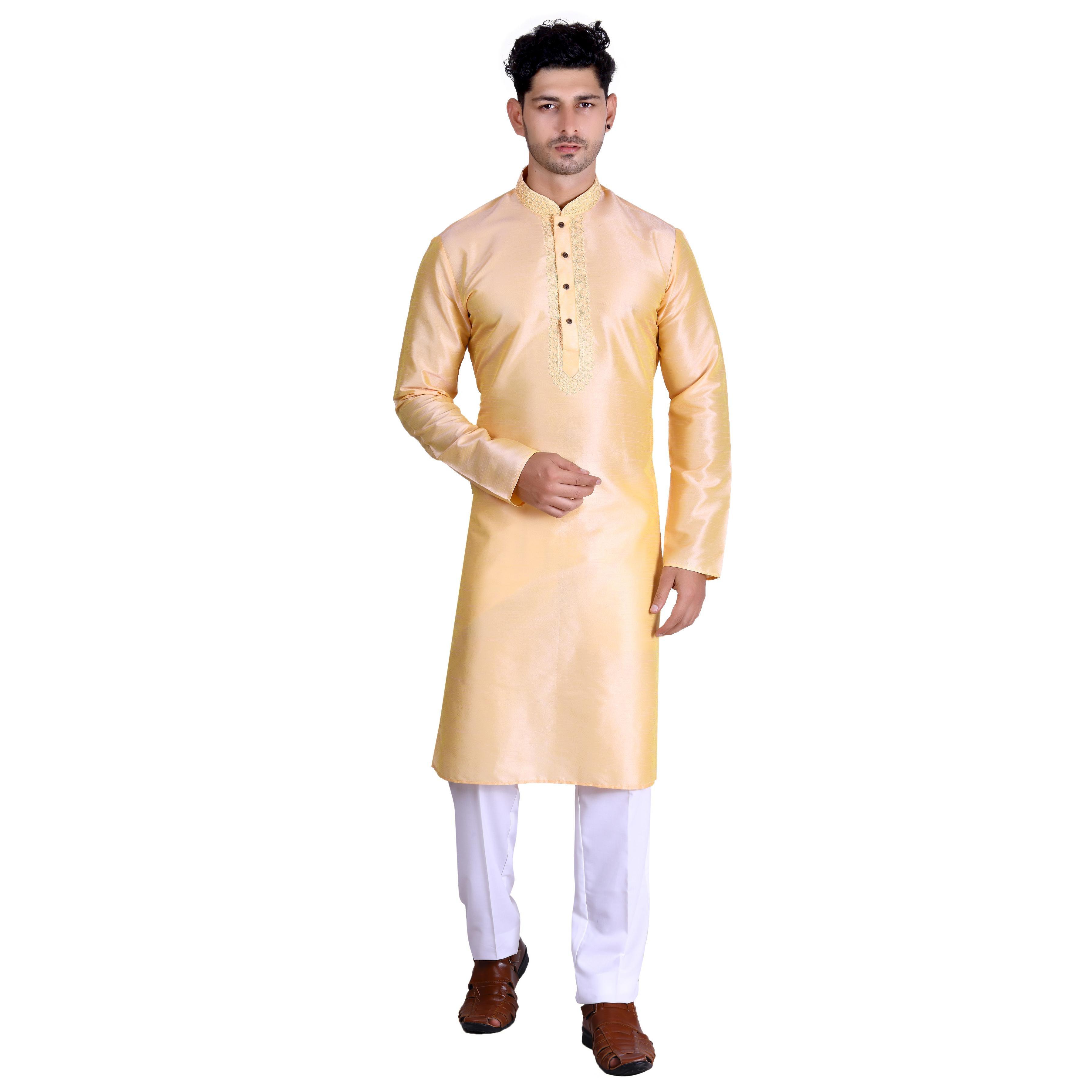 Peachmode Seller Light Yellow Woven With Embroidered Art Silk Men's Kurta Pyjama Set