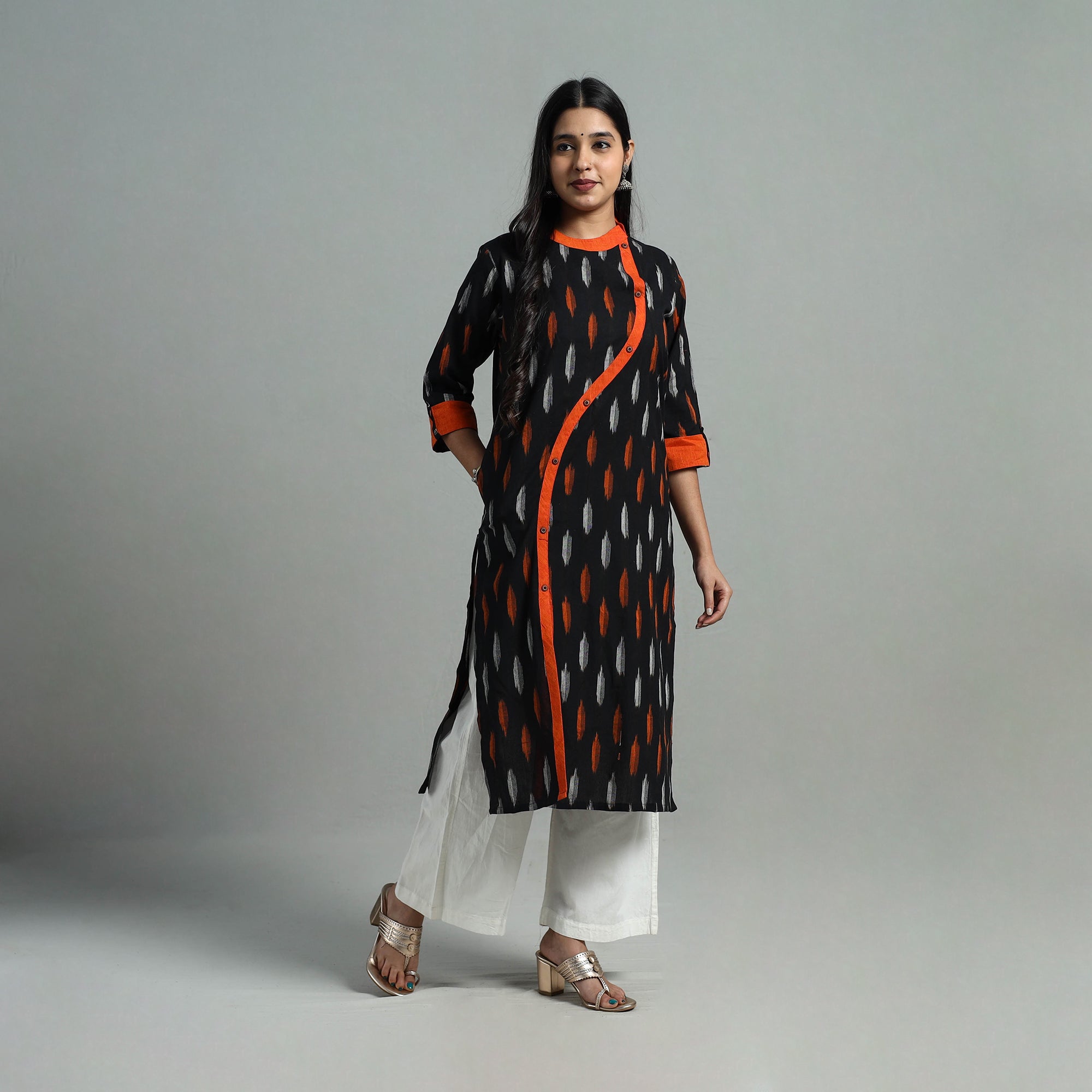 DARAM Black - Angrakha Cotton Straight Pochampally Ikat Kurta 13 - view 4