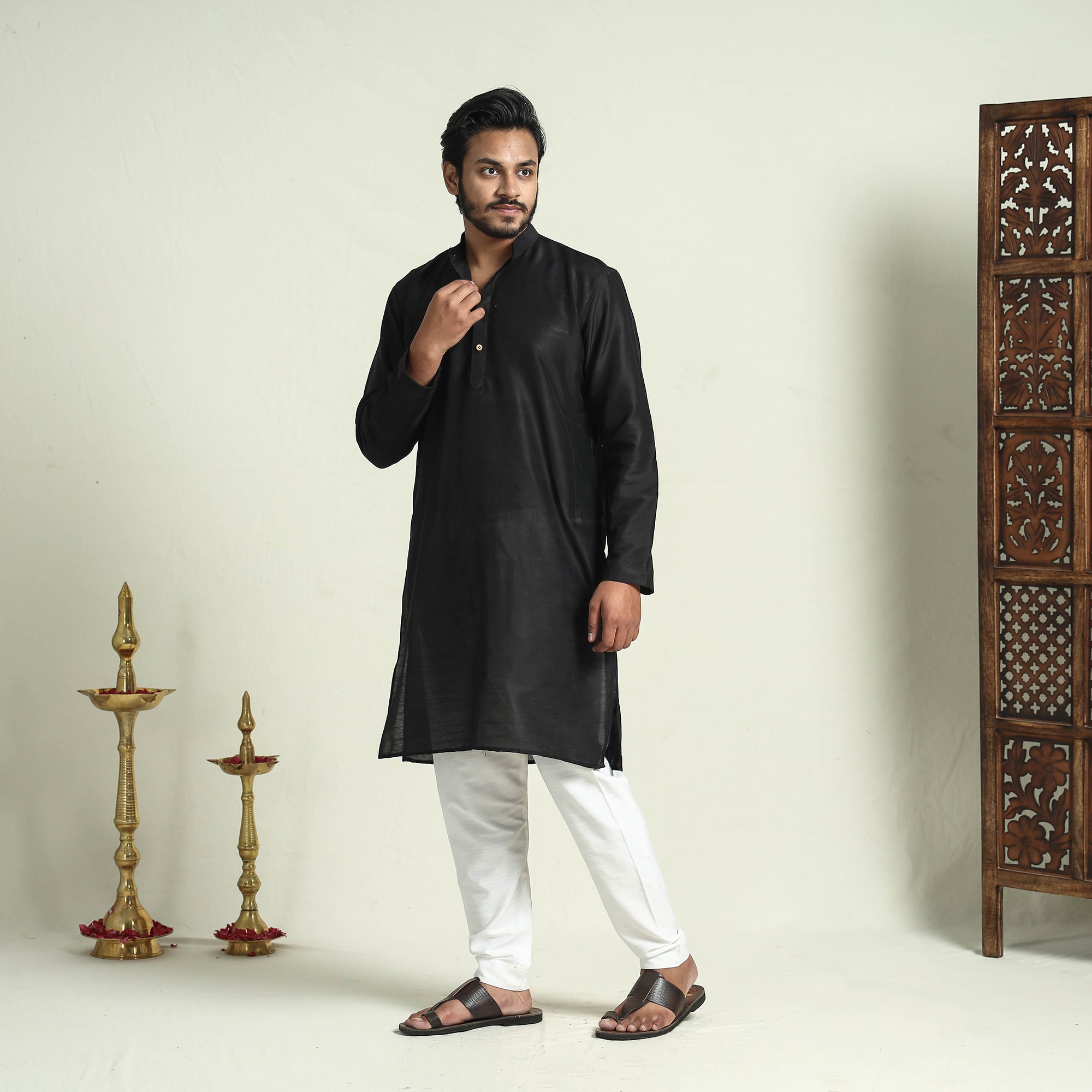 ITOKRI CASUALS Black - Plain Dyed Slub Silk Men Long Kurta - view 2