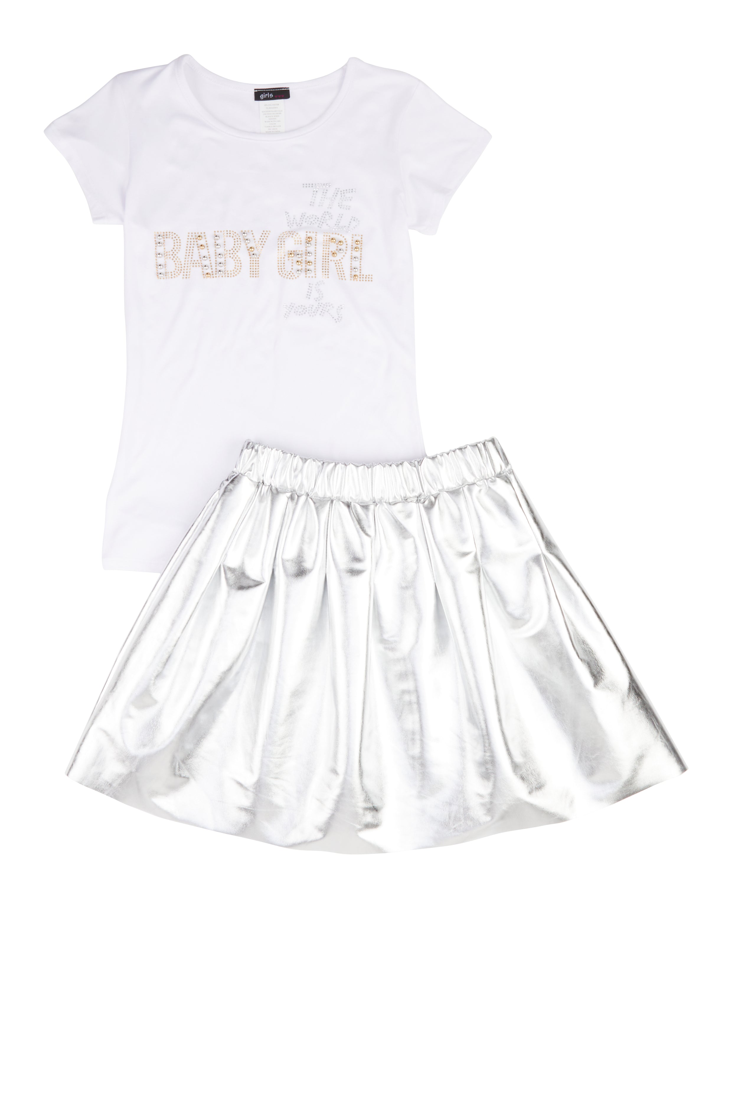 Rainbow Shops Girls Baby Girl Studded Tee and Metallic Pleated Skirt