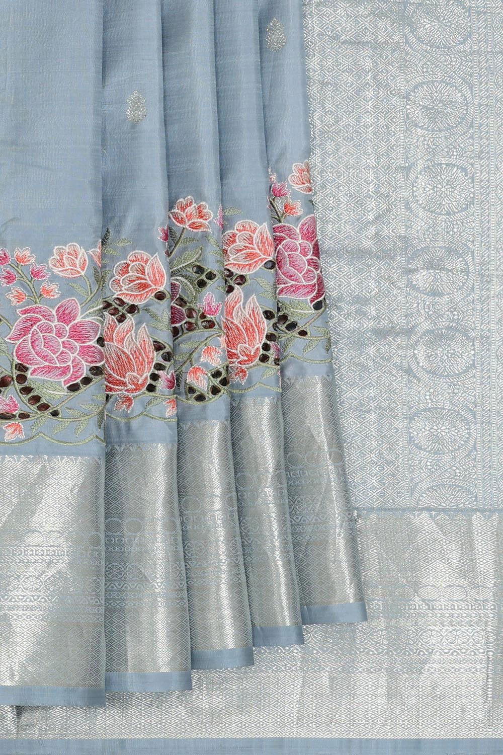 Kalanjali Kanchipattu Bluish Grey Embroidered Saree