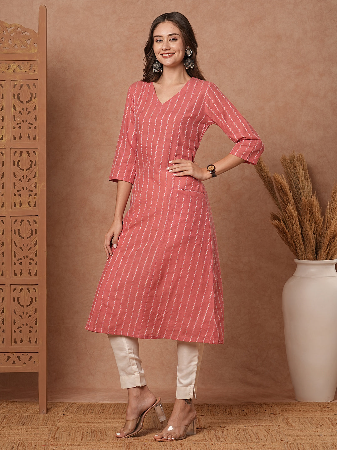 Fashor Woven Striped Pocket Detailing Paneled A-line Midi Dress - Pink