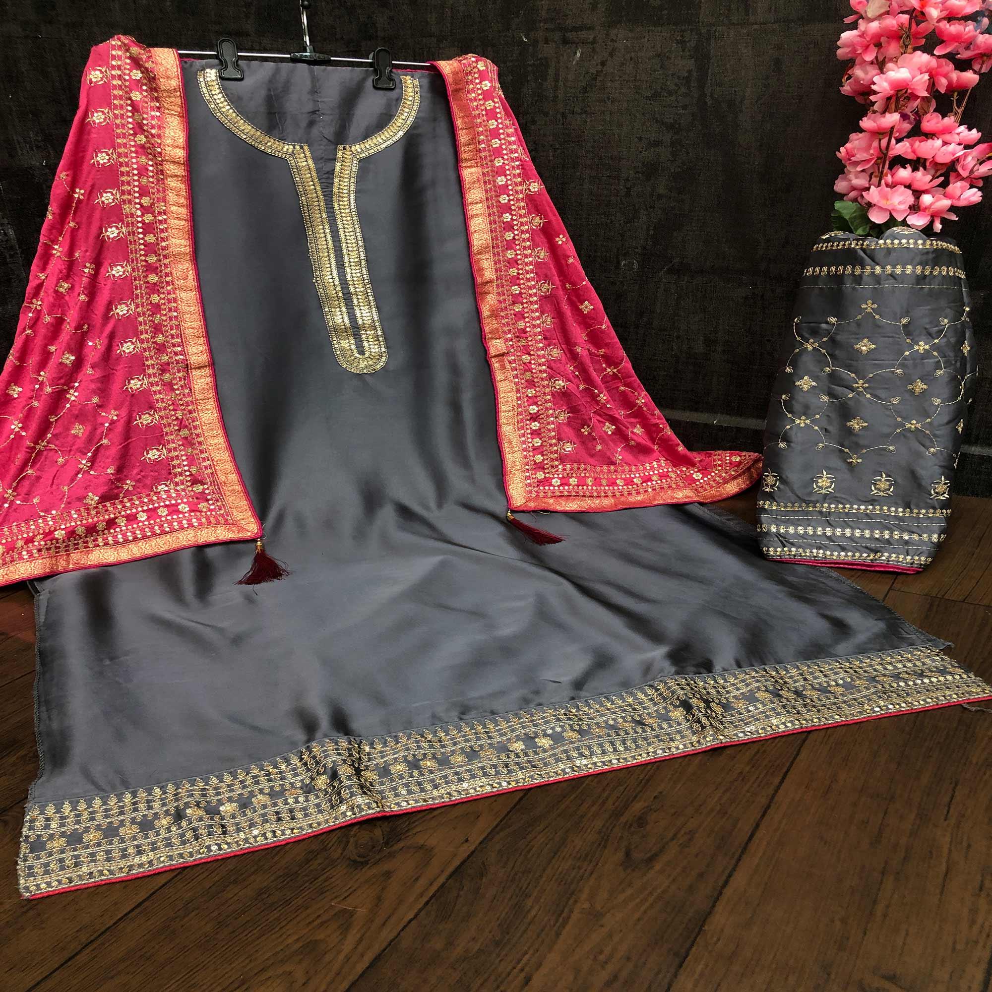 Peachmode Jazzy Grey Colored Partywear Embroidered Satin Georgette Palazzo Suit