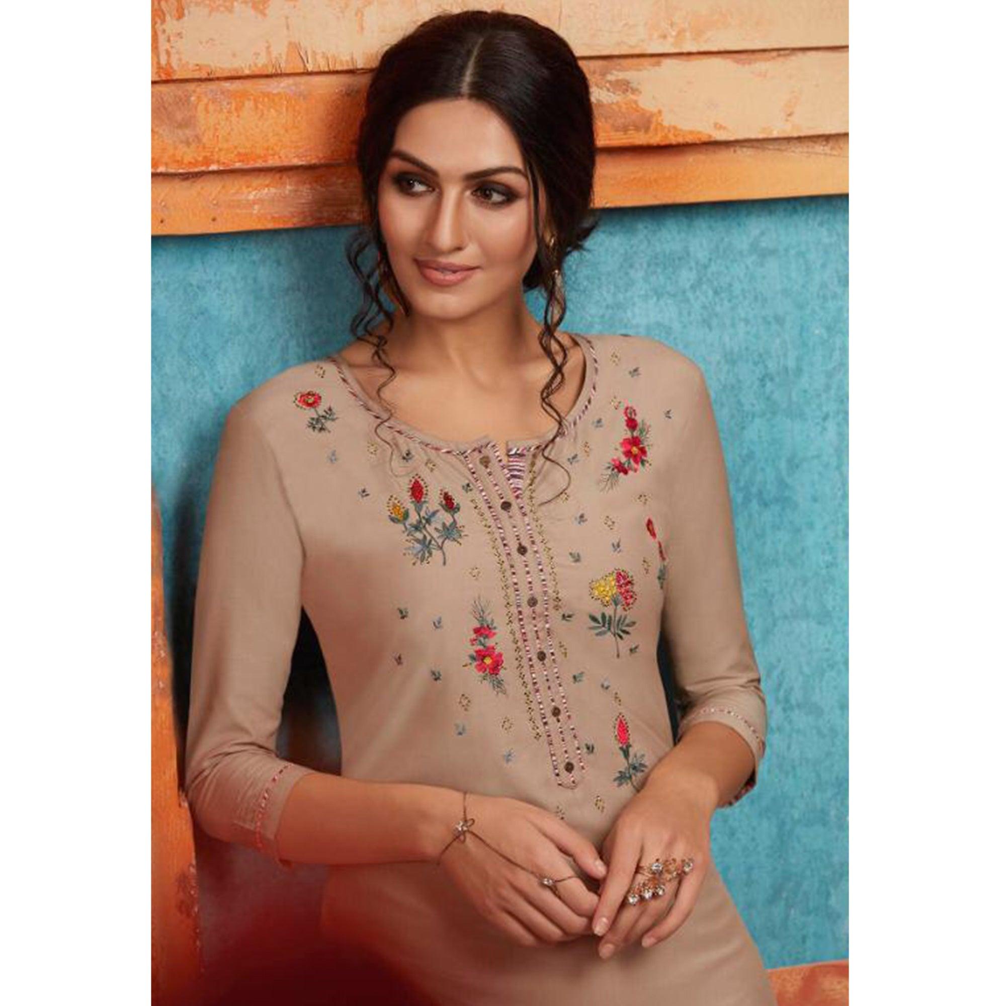 Peachmode Mesmerising Beige Colored Partywear Embroidered Pure Muslin-Silk Kurti-Palazzo Set - view 2