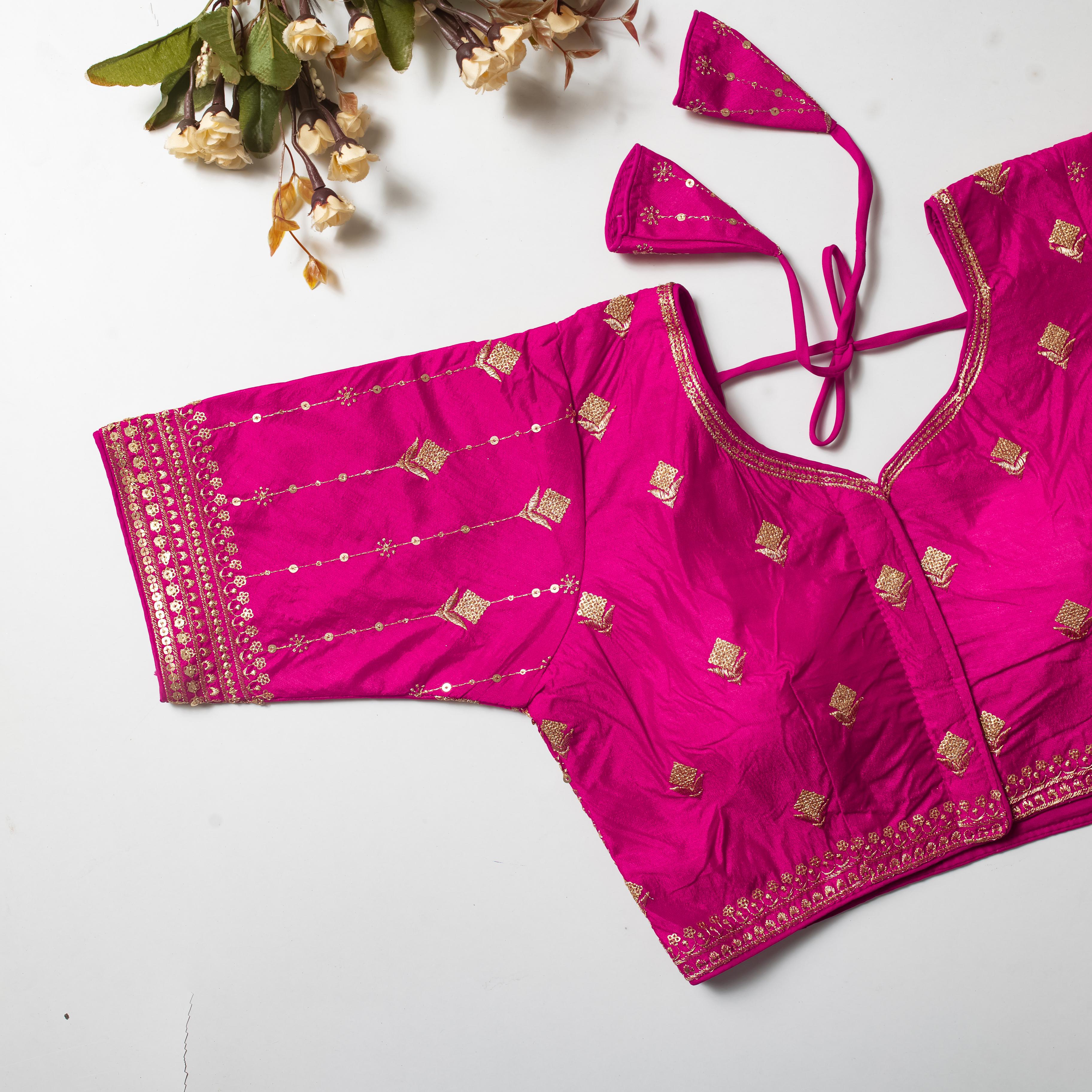 ClothsVilla Pink Golden Embroidered Vibrant Silk Blouse with Sequins
