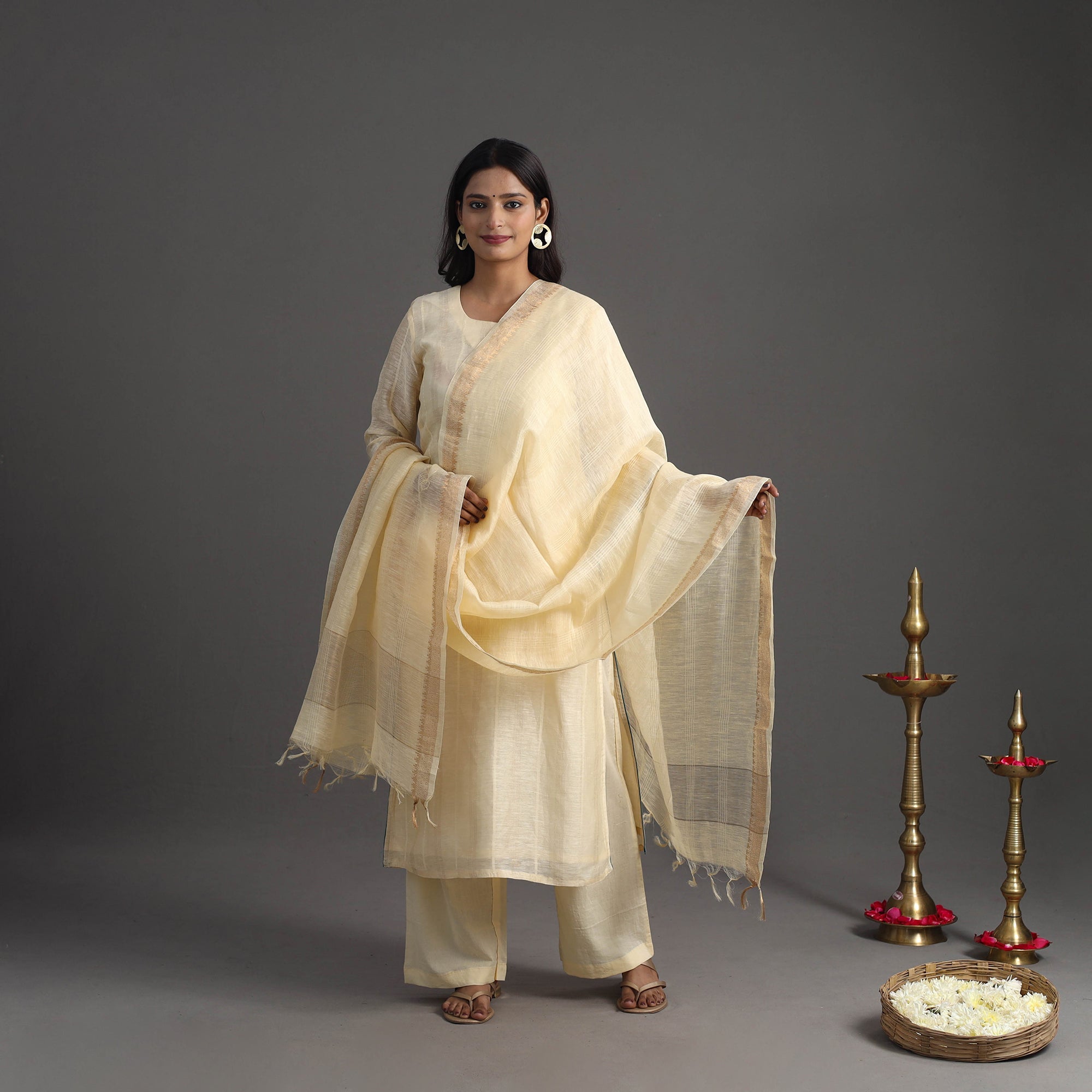 ITOKRI CASUALS Beige - Elegant Linen Silk Handloom Plain Kurta Set 09 - view 2