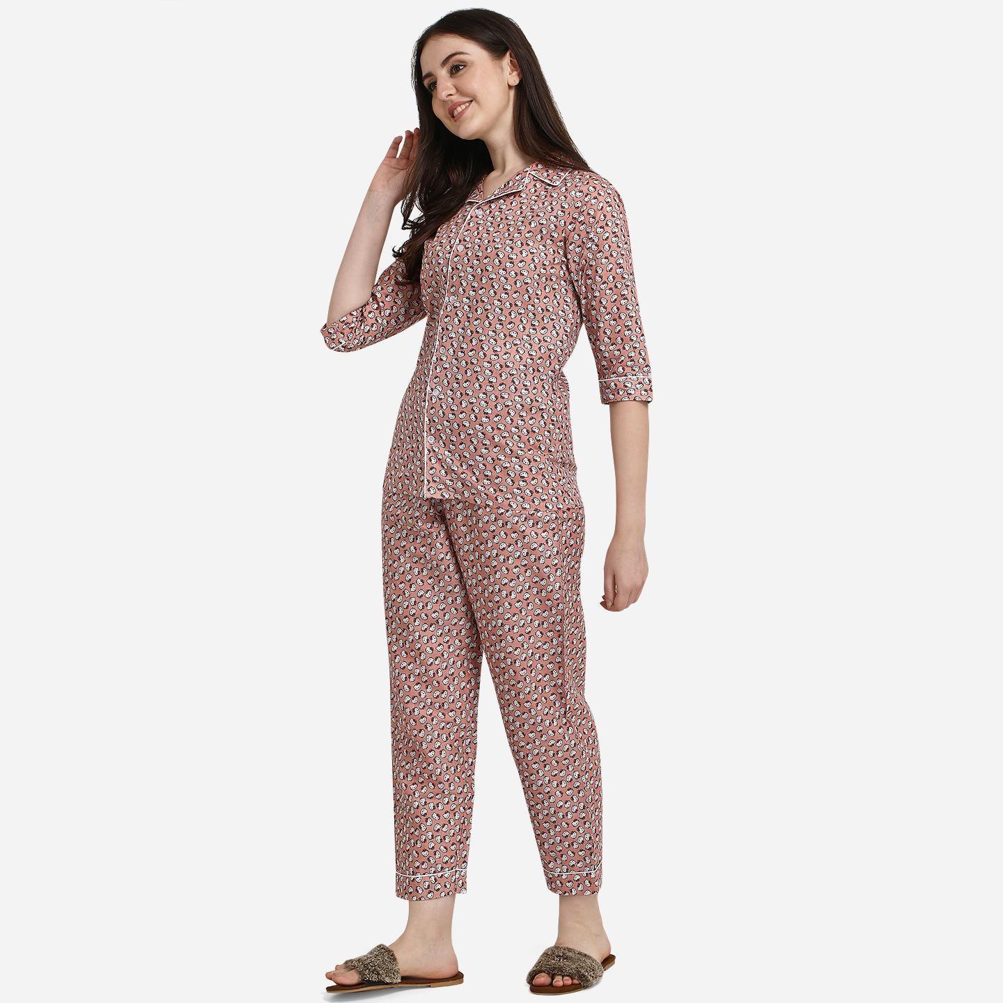 Peachmode Seller Brown Casual Wear Printed Cotton Night Suit