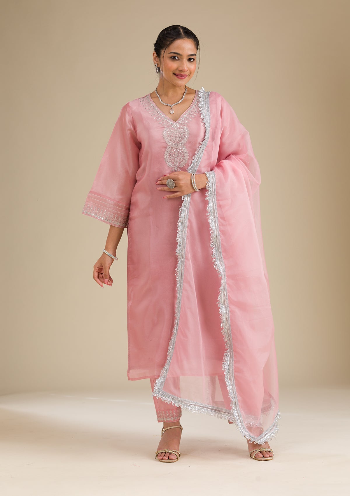 Koskii Pink Zariwork Semi Crepe Readymade Salwar Suit