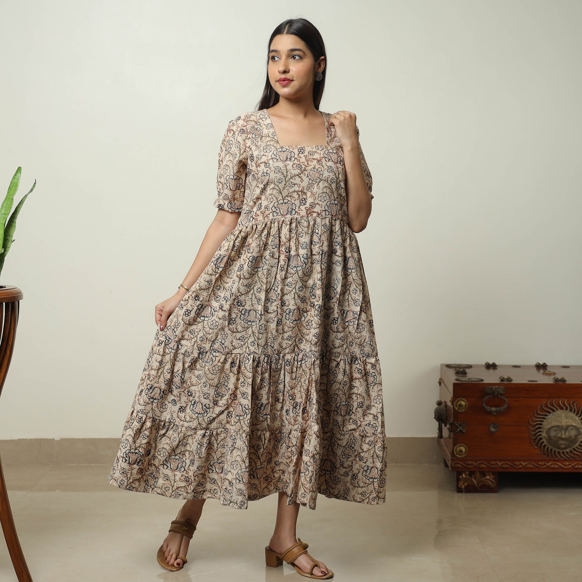 ITOKRI CASUALS Beige - Pedana Kalamkari Block Printed Cotton Tiered Dress 02 - view 2