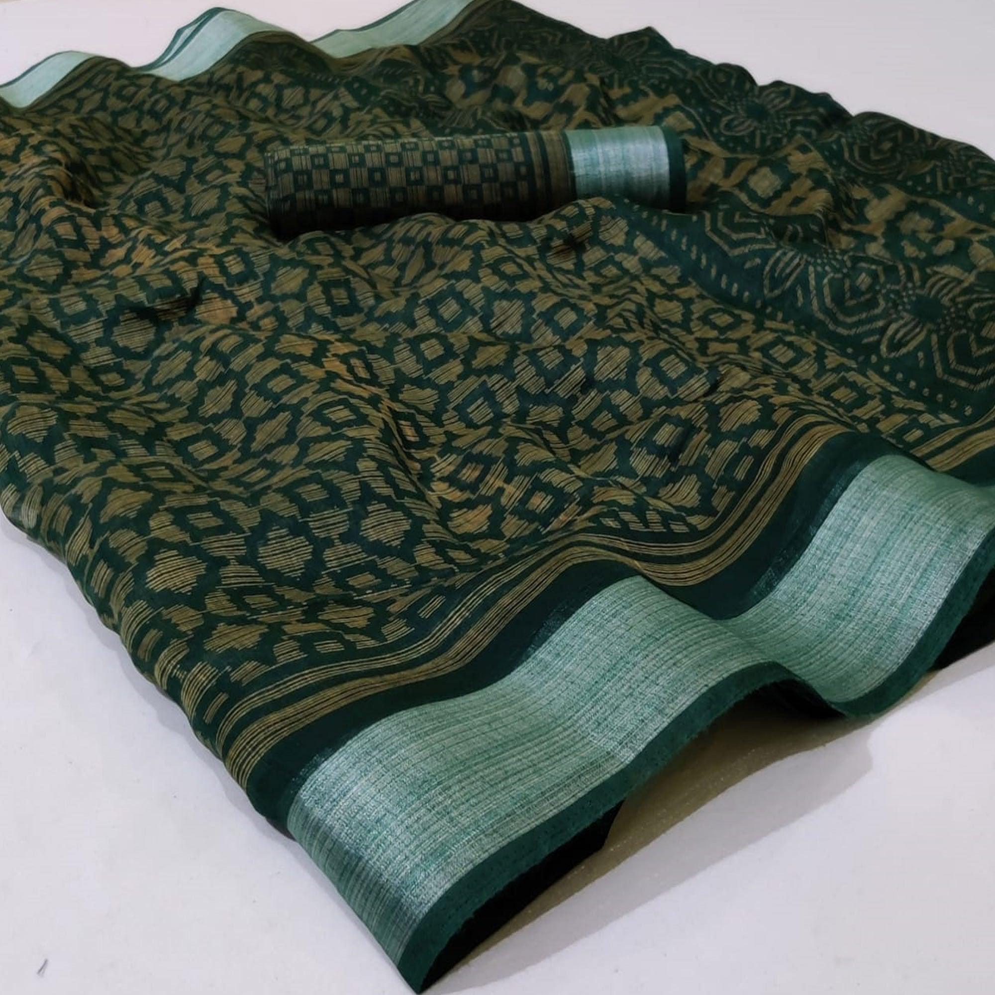 Peachmode Flattering Dark Green Colored Casual Wear Printed Heavy Cotton Saree