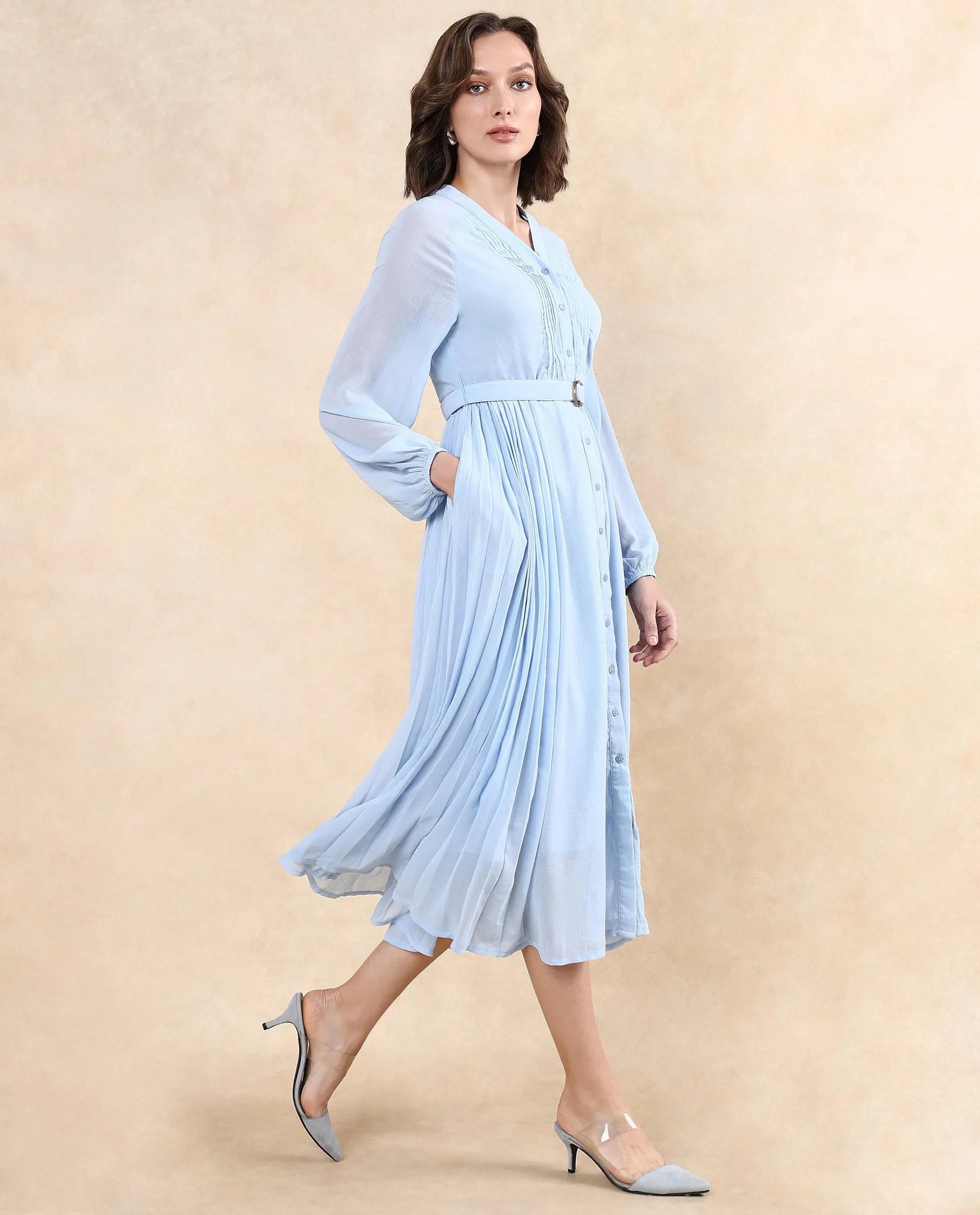 Rareism Women Jibouti Light Blue Polyester Fabric Raglan Sleeves V-Neck Button Closure A-Line Maxi Plain Dress
