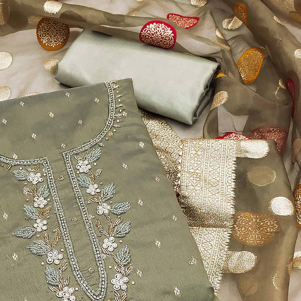Peachmode Mehendi Green Hand Embroidered Chanderi Dress Material - view 2