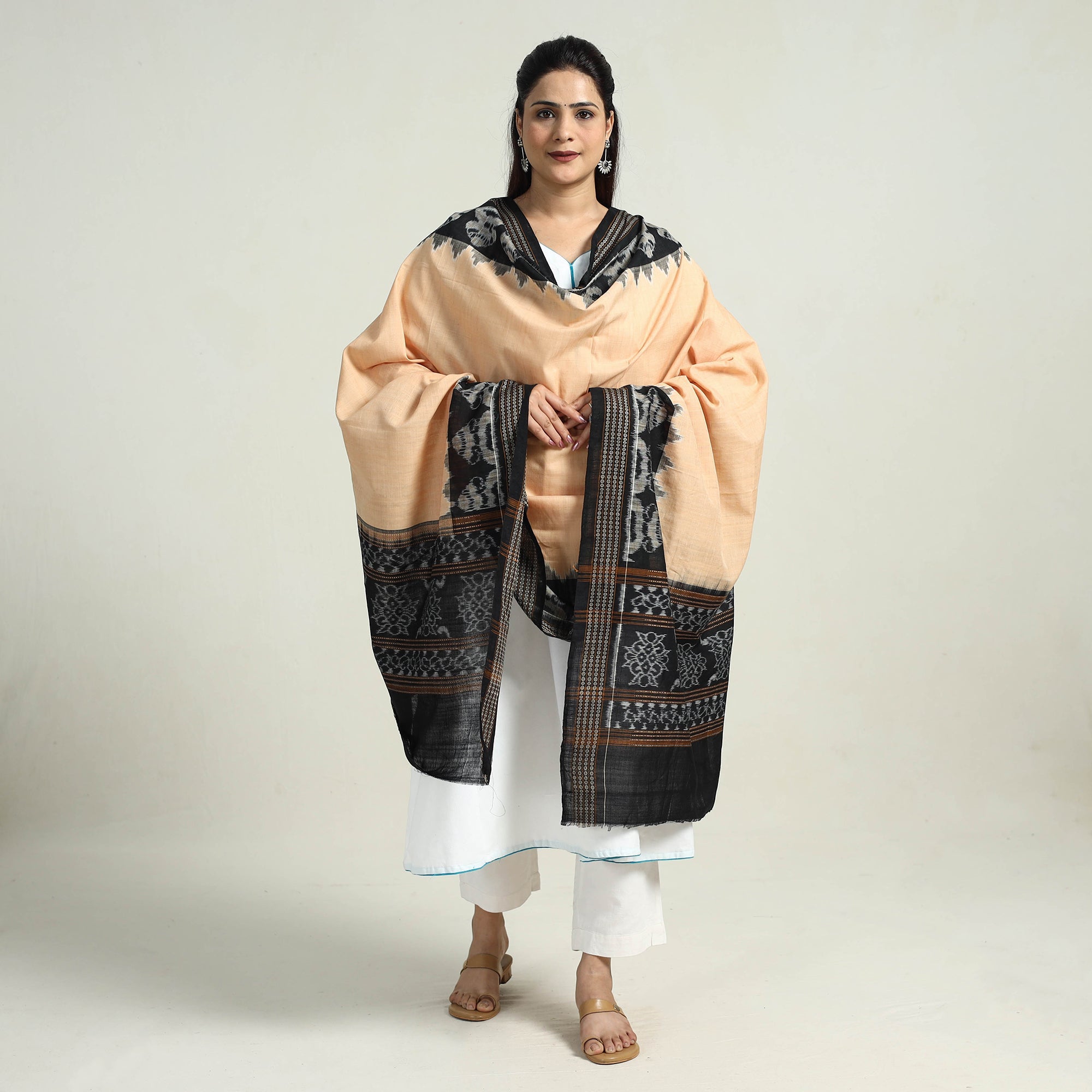 ASHOKA ASSEMBLE - CELEBRATING CRAFTS OF ODISHA Beige - Sambalpuri Ikat Weave Handloom Cotton Dupatta 12