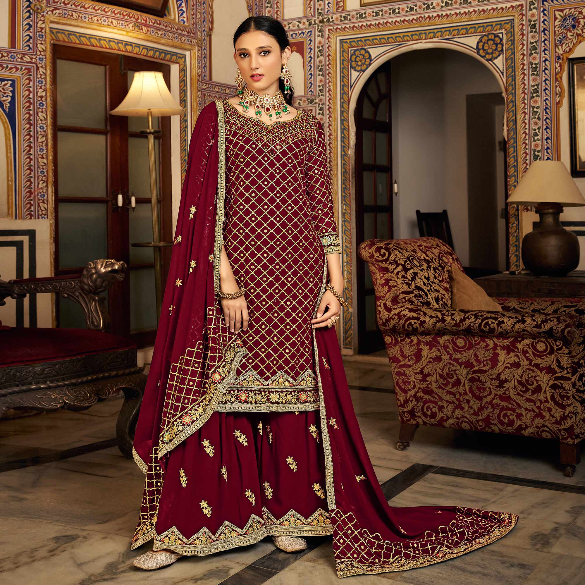 Peachmode Maroon Sequins Embroidered Chinon Semi Stitched Suit - view 2
