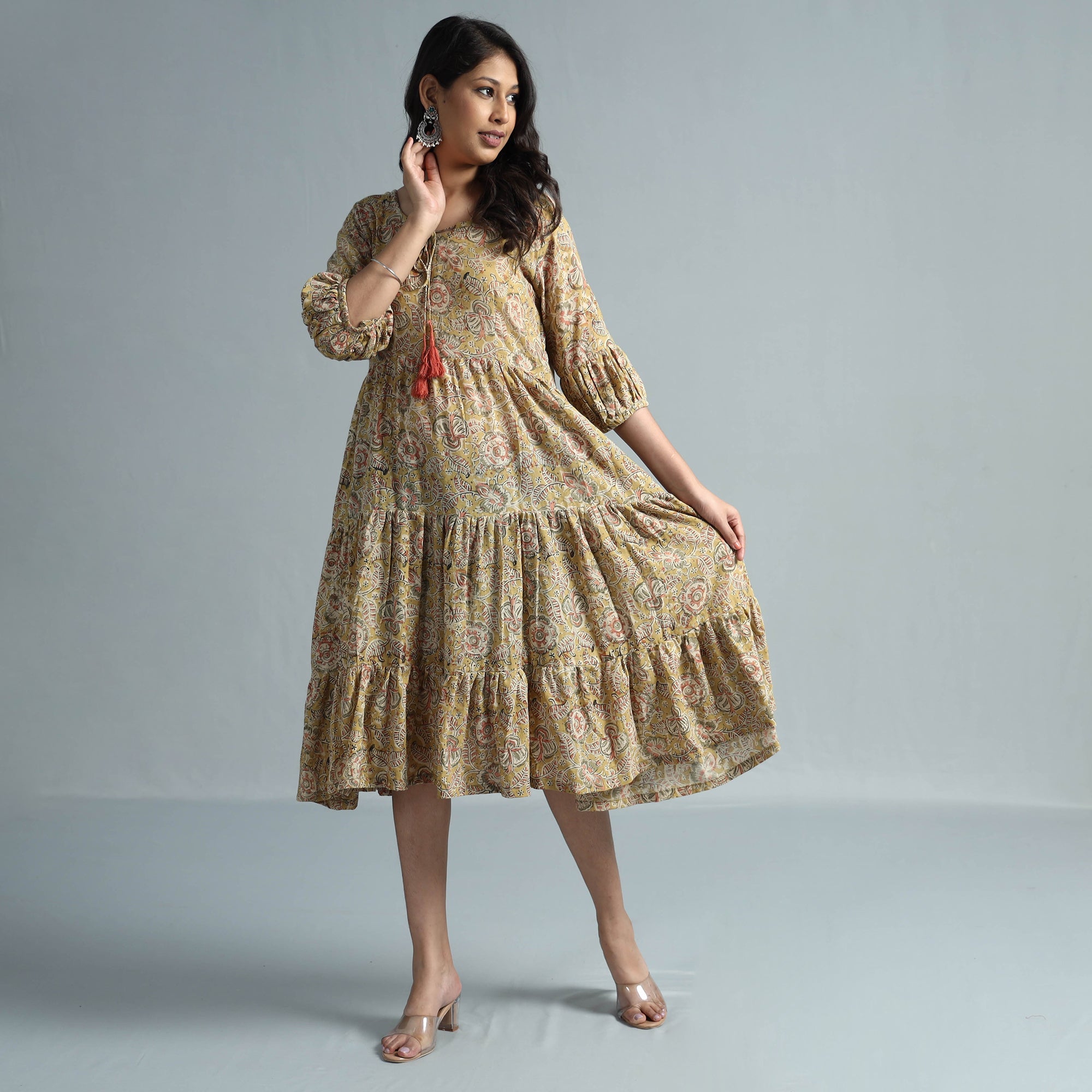 ITOKRI CASUALS Beige - Kalamkari Block Printed Mul Cotton Flared Gher Dress - view 2