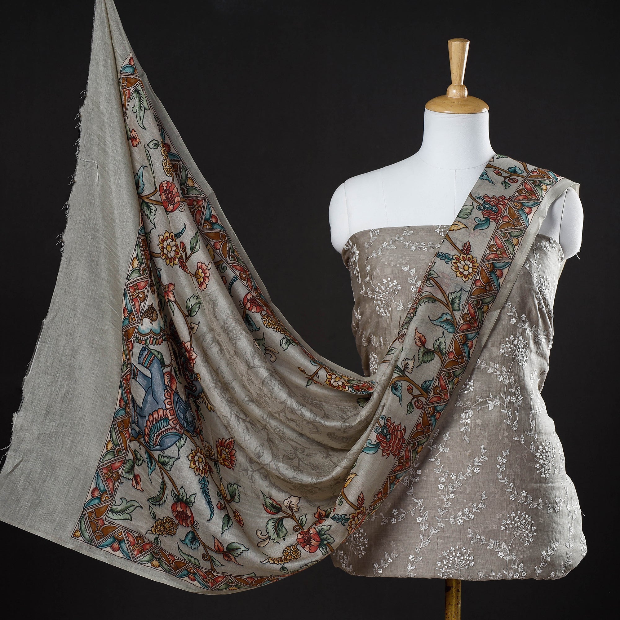 HAVELI CHRONICLES Brown - 3pc Handloom Chanderi Silk Cotton Embroidered Suit Material Set with Digital Printed Dupatta