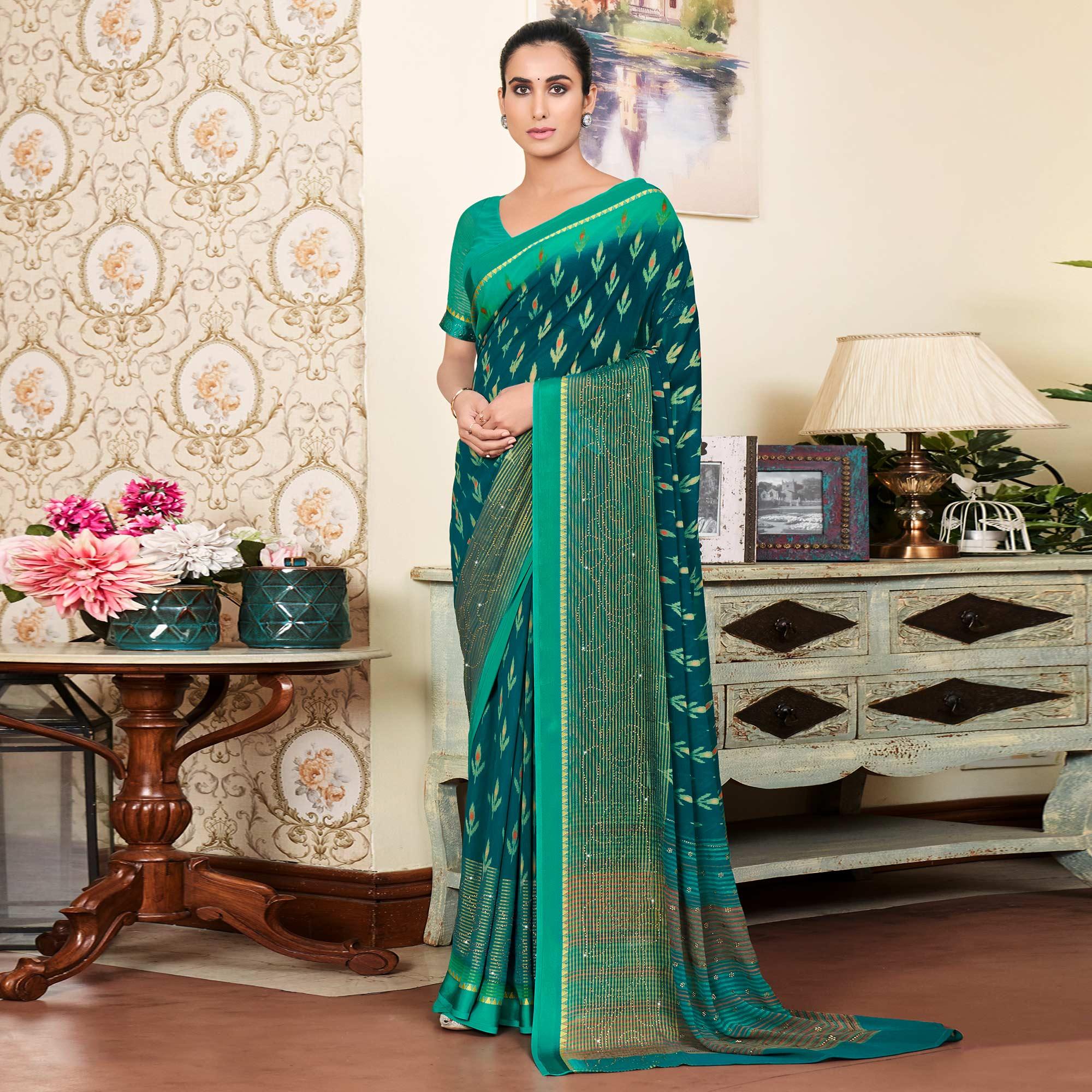 Peachmode Morpich Printed With Swarovski Work Georgette Saree