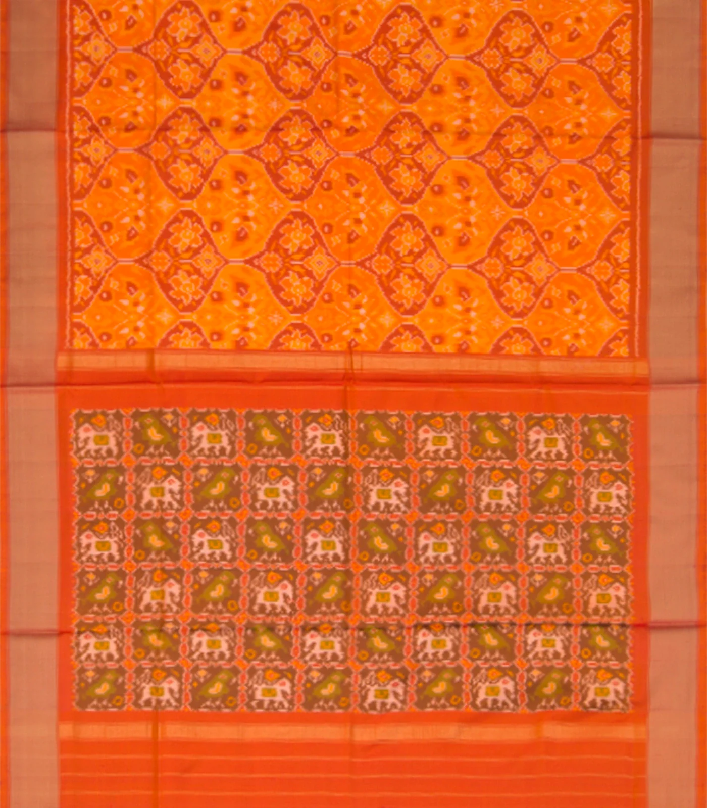 RmKV Orange Handwoven Rajkot Patola Silk Saree With Parrot and Elephant Motifs On Pallu - view 4