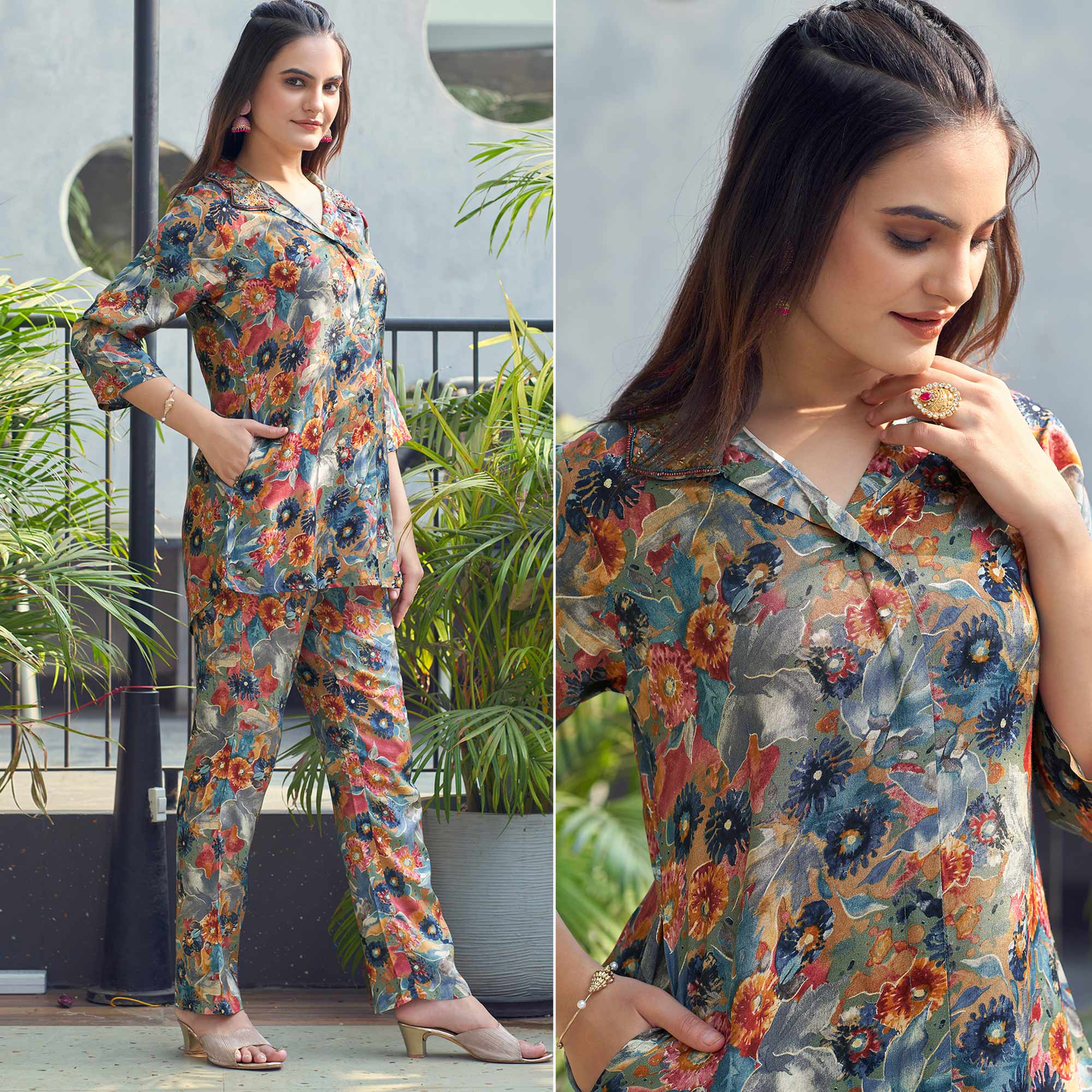 Peachmode Multicolor Floral Foil Printed Chanderi Silk Co Ord Set