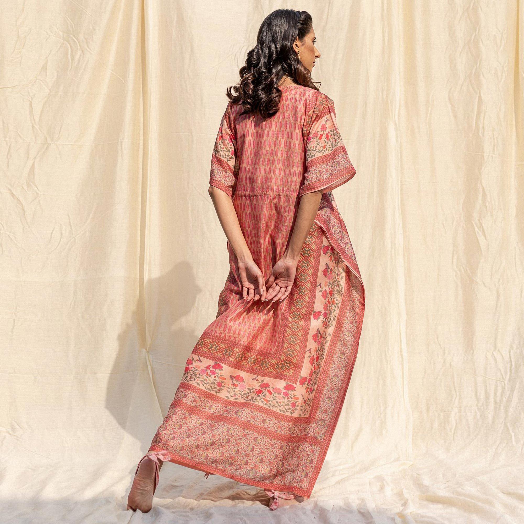 Peachmode Seller Light Salmon Peach Casual Wear Floral Digtial Printed Silk Kaftan Kurti - view 2