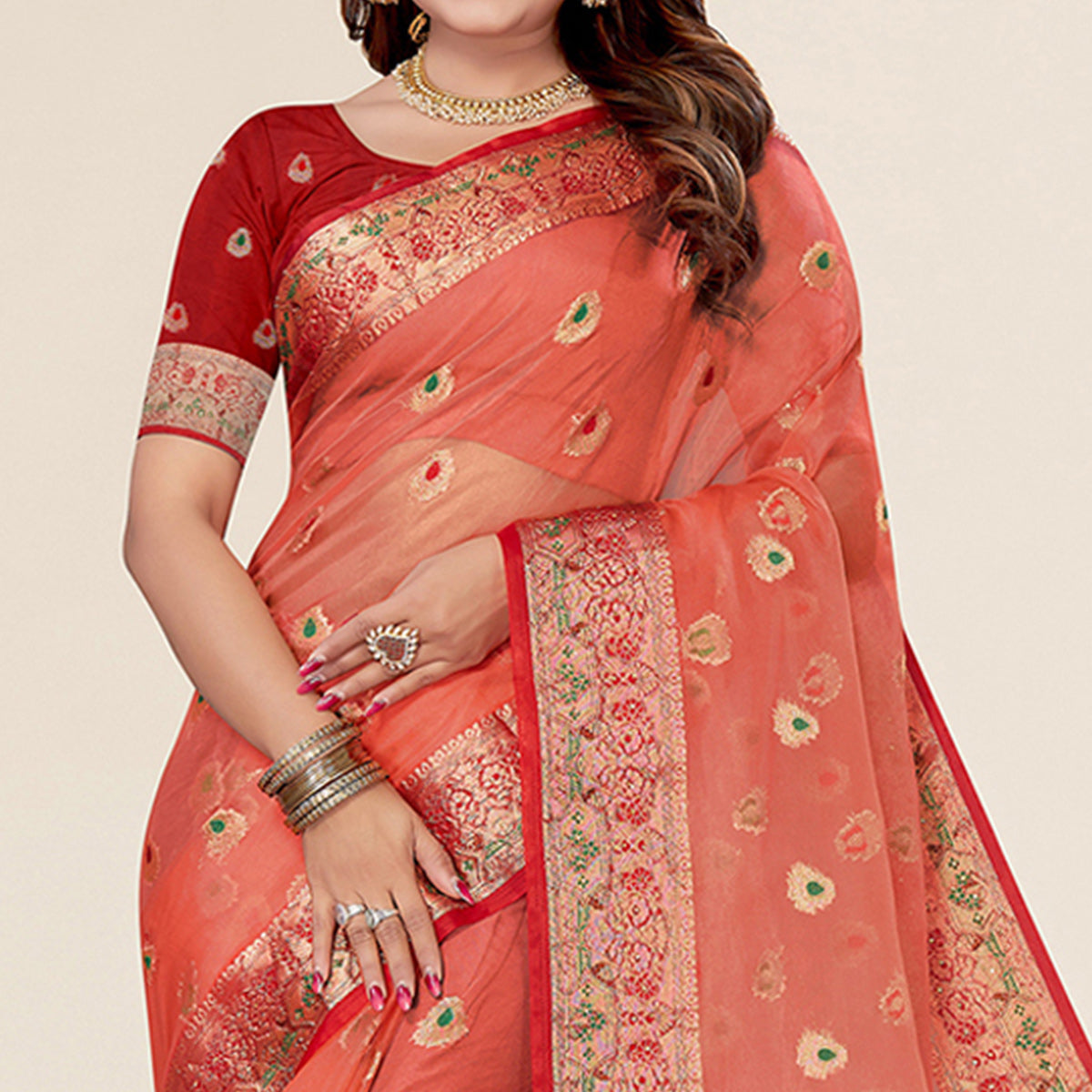 Peachmode Gajari Pink Woven Organza Saree With Tassels - view 2