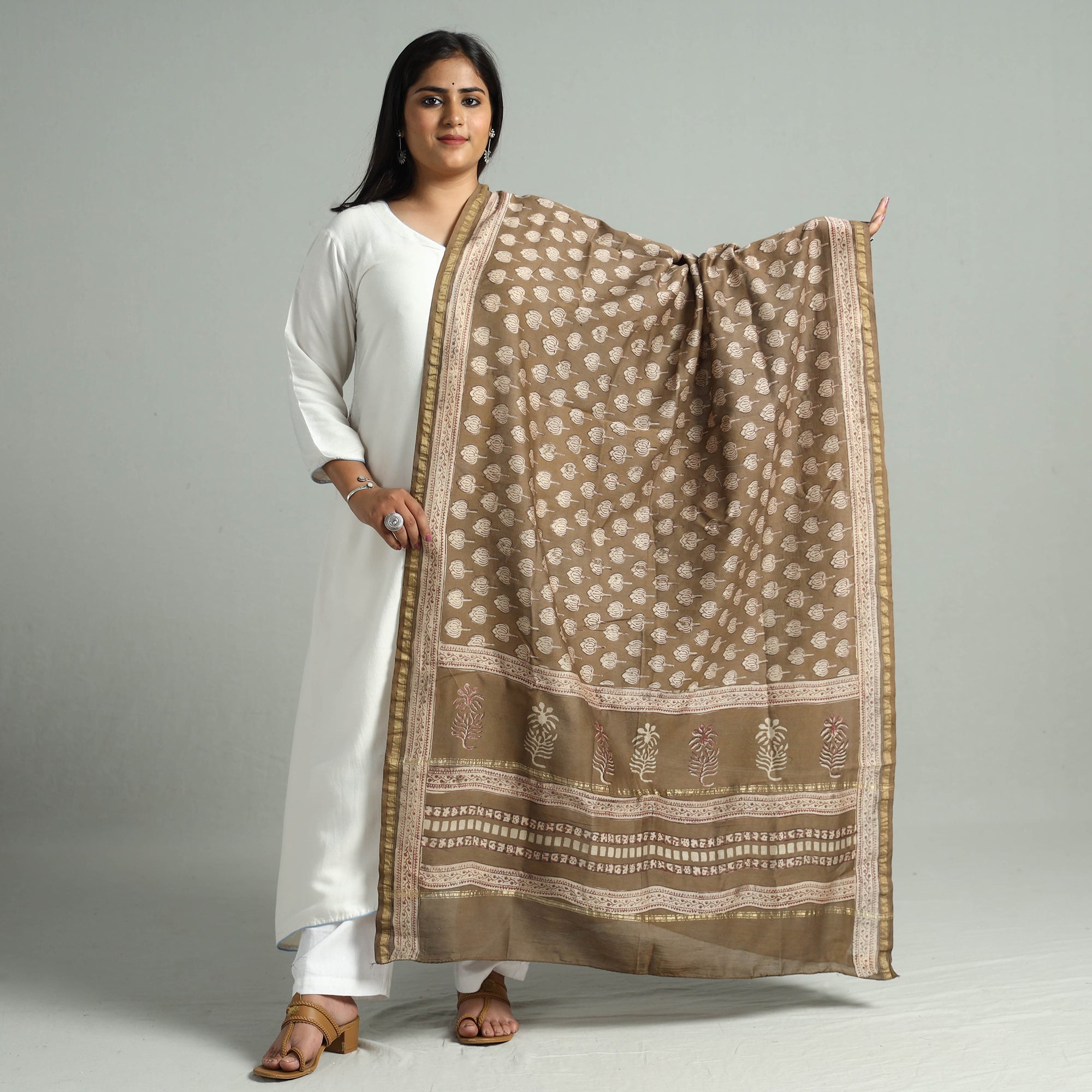 HAVELI CHRONICLES Brown - Akola Dabu Block Printed Handloom Chanderi Silk Dupatta 24
