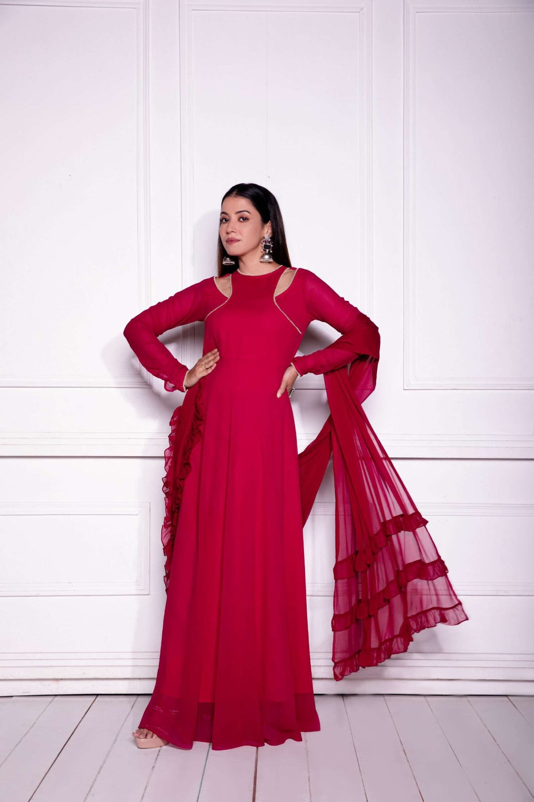 ClothsVilla Red Georgette Gown with Matching Dupatta - view 4