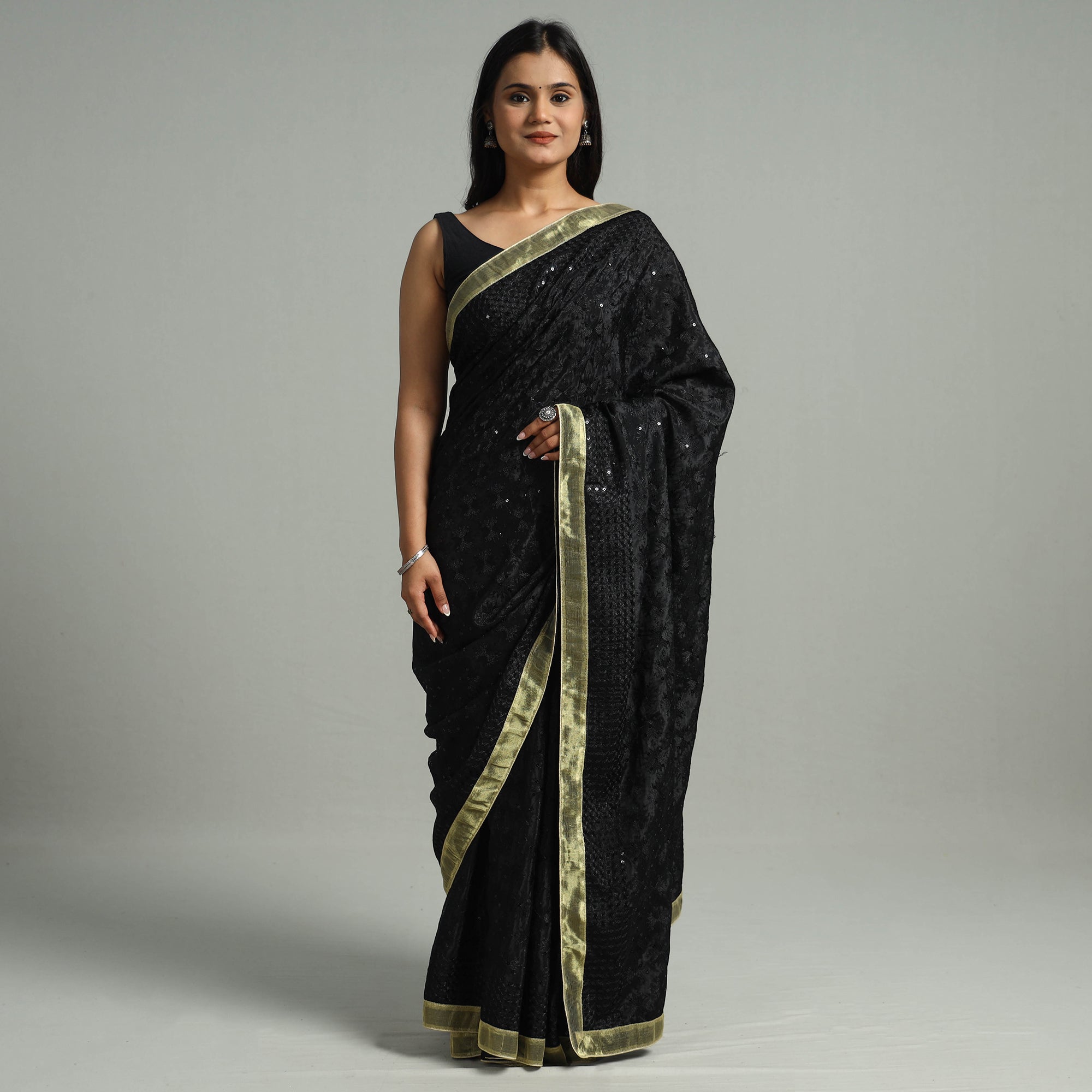 ITOKRI CRAFTS INITIATIVE Black - Phulkari Heavy Embroidery Chiffon Saree 15 - view 2