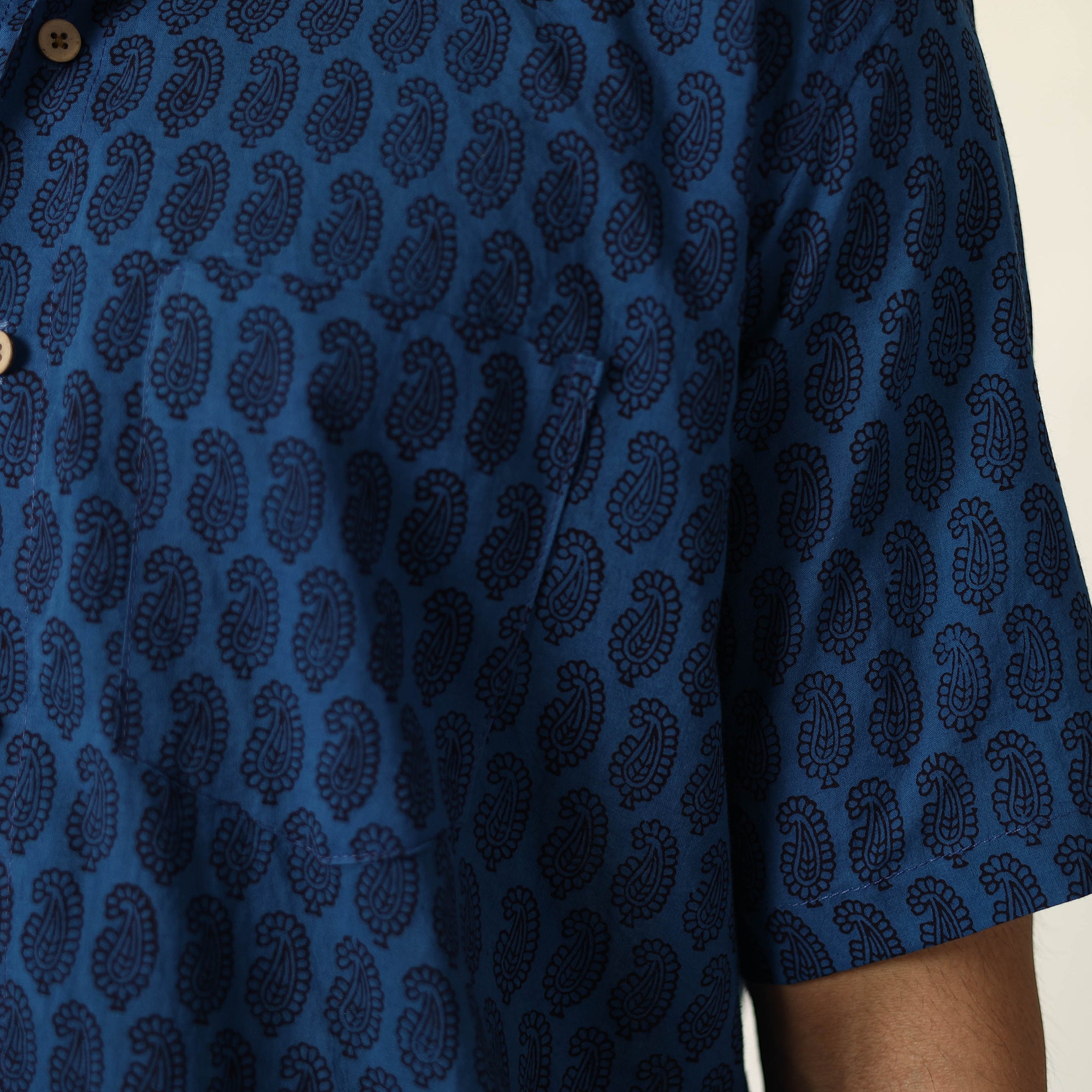 ITOKRI CASUALS Blue - Bagh Hand Block Printed Cotton Men Half Sleeve Shirt 02 - view 5