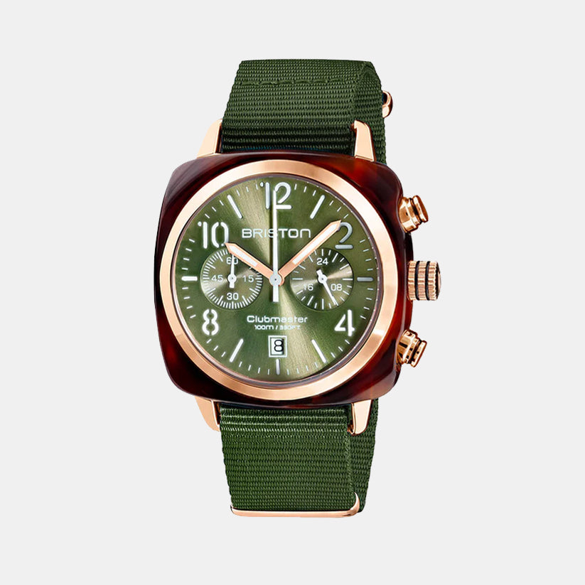 Briston Clubmaster Classic Men Quartz Gold-Olive Green Dial Chronograph Nato Watch 19140.PRA.T.26.NOL