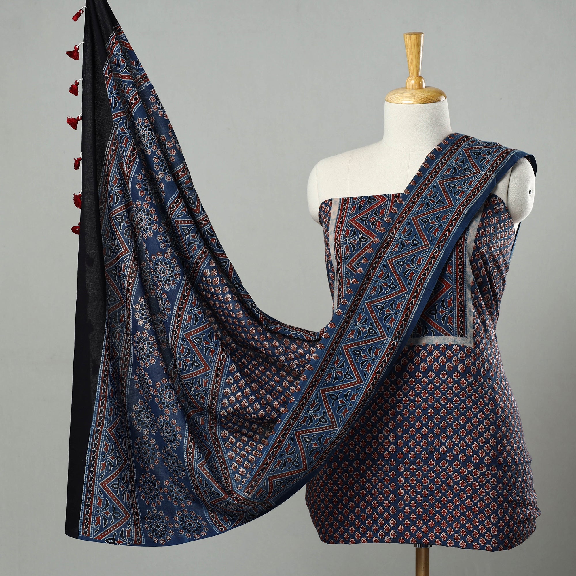 AJRAKH BY JABBAR KHATRI Blue - Hand Block Print Cotton 3pc Ajrakh Dress Material 30