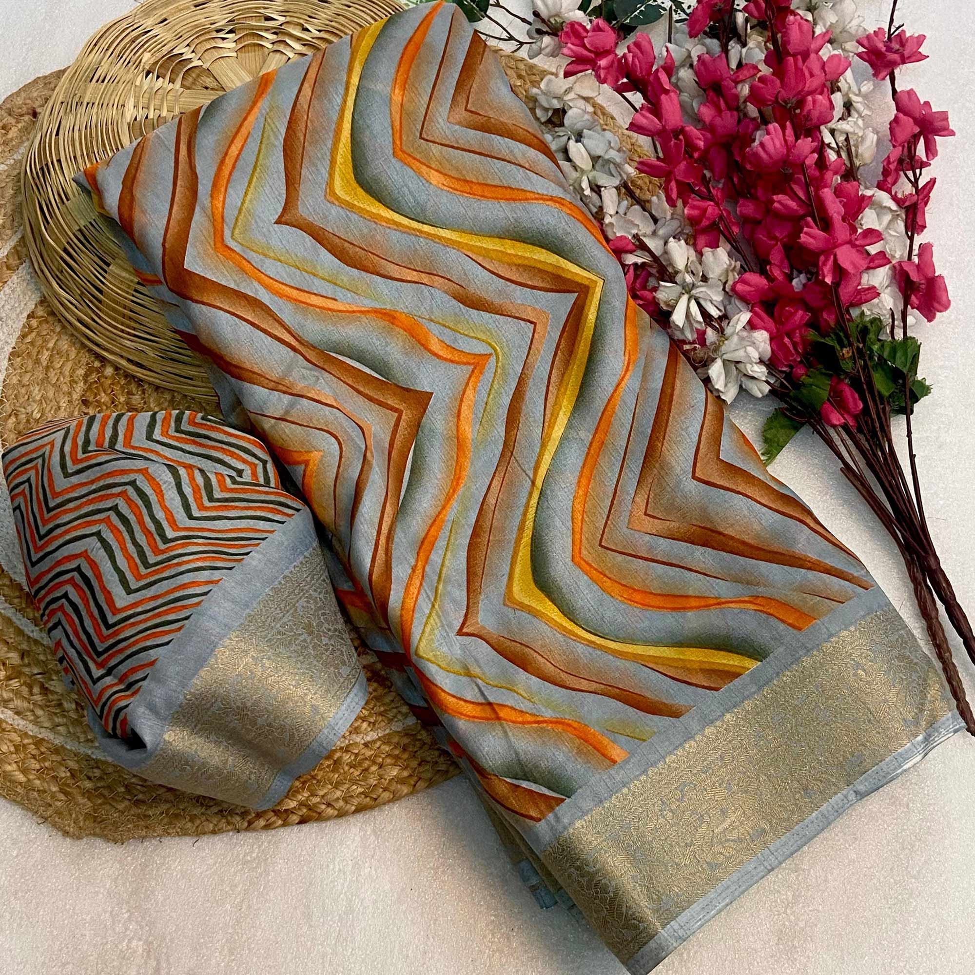 Peachmode Grey Zig Zag Printed Dola Silk Saree With Woven Border