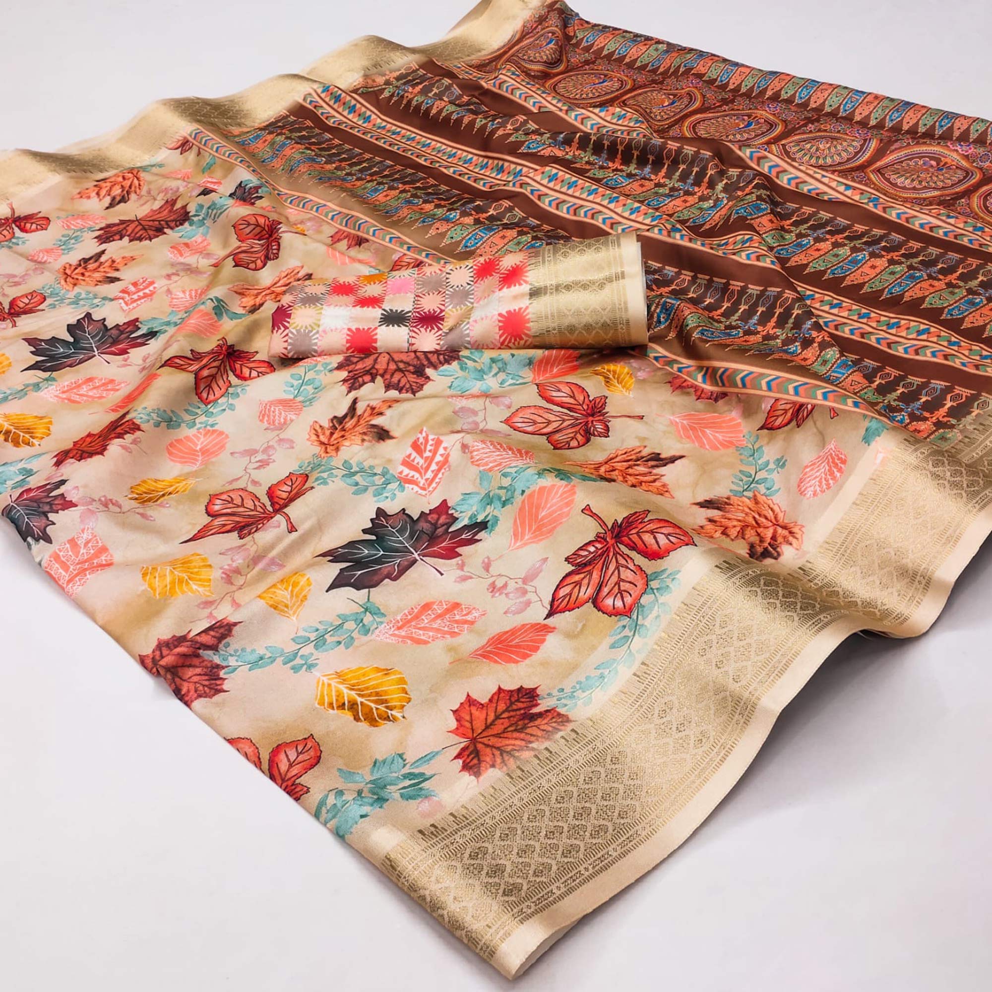 Peachmode Chikoo Digital Printed Cotton Silk Saree With Jacquard Border