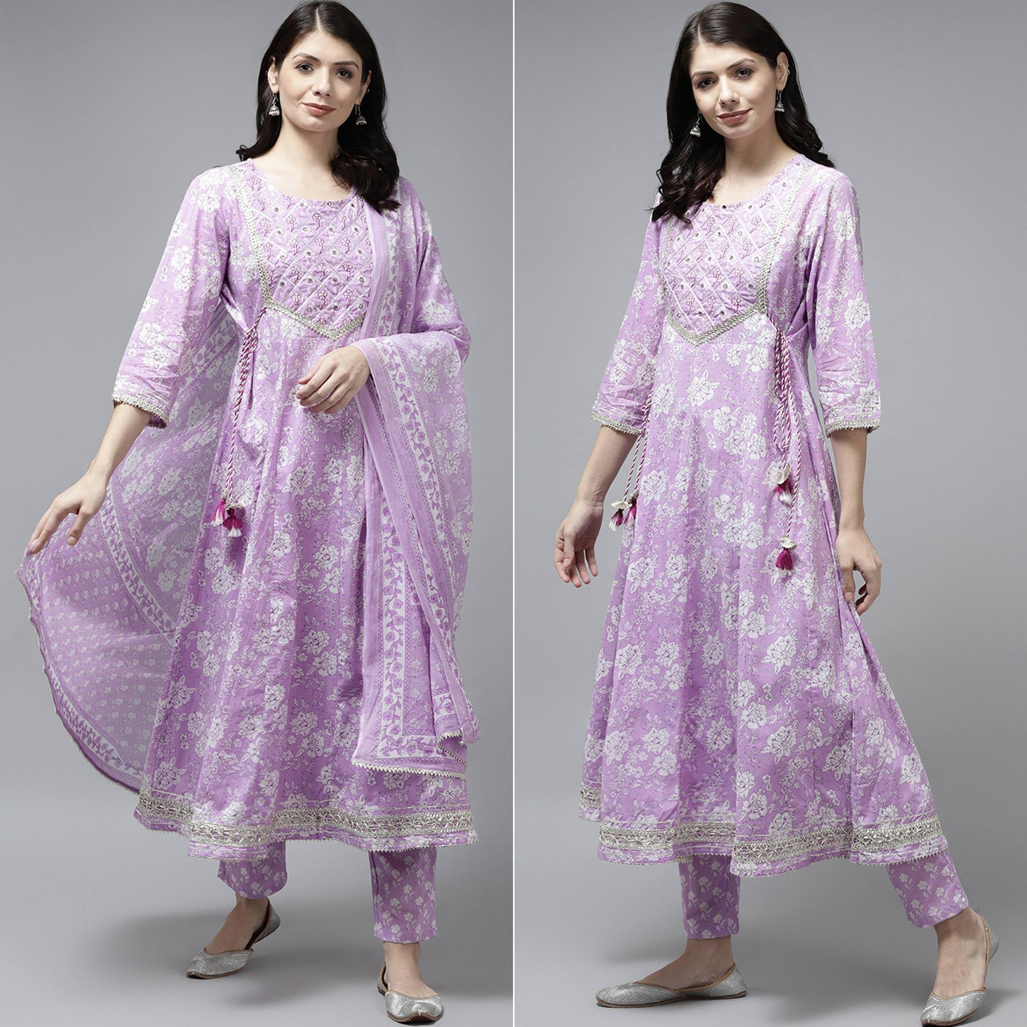 Peachmode Lavender Floral Printed Pure Cotton Anarkali Suit