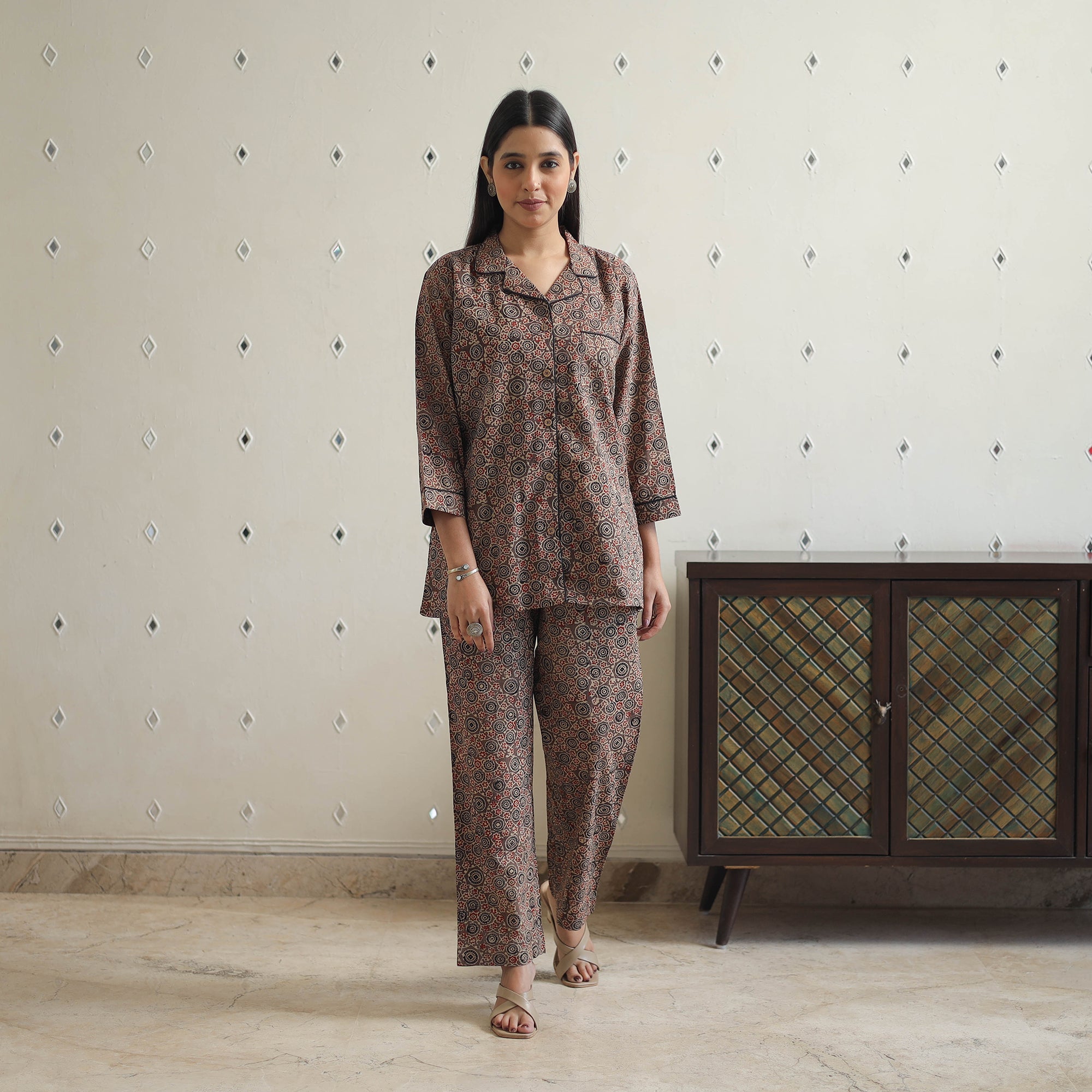 ITOKRI CASUALS Brown - Block Printed Cotton Ajrakh Night Suit Set 16 - view 3