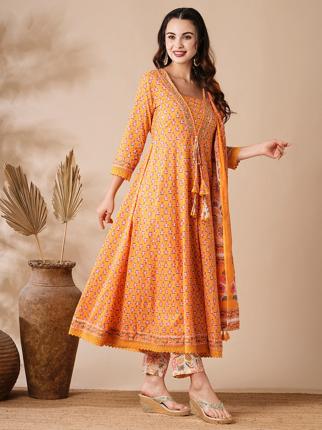 Fashor Floral Printed & Beads Embroidered Anarkali with Pant & Pure Cotton Dupatta - Yellow - view 5
