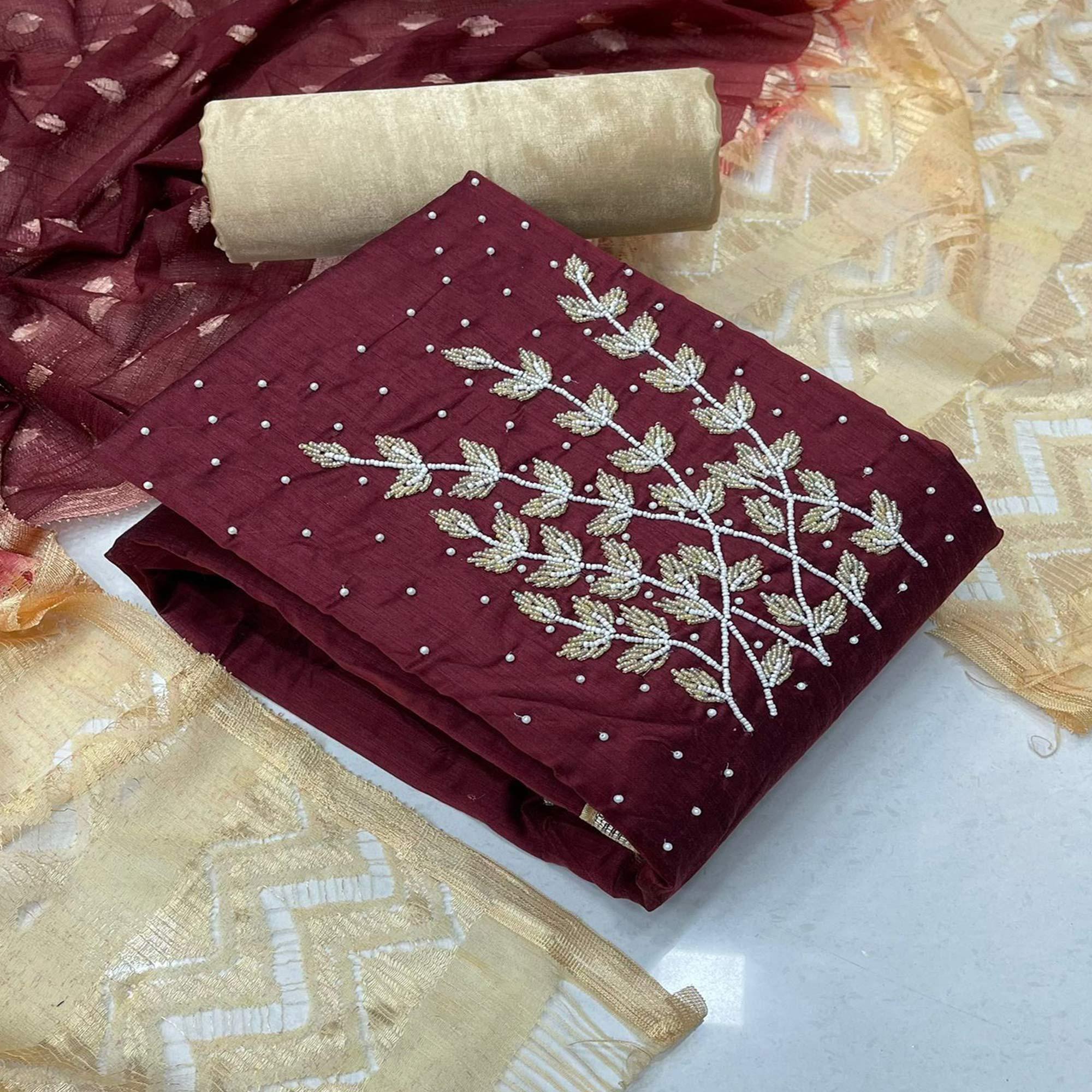 Peachmode Maroon Casual Wear Pearl Handwork Modal Silk Dress Material