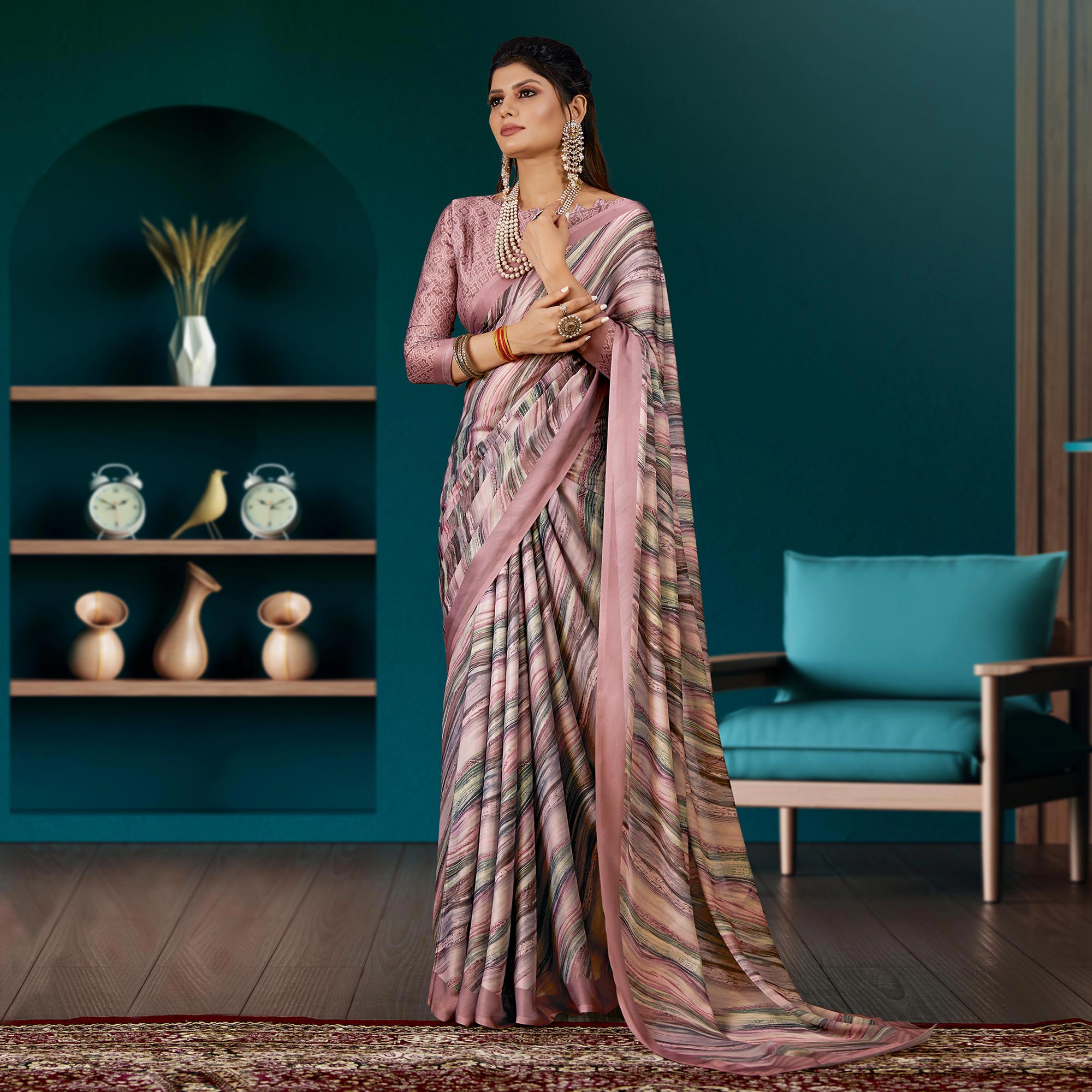 Peachmode Dusty Pink Digital Printed Satin Saree