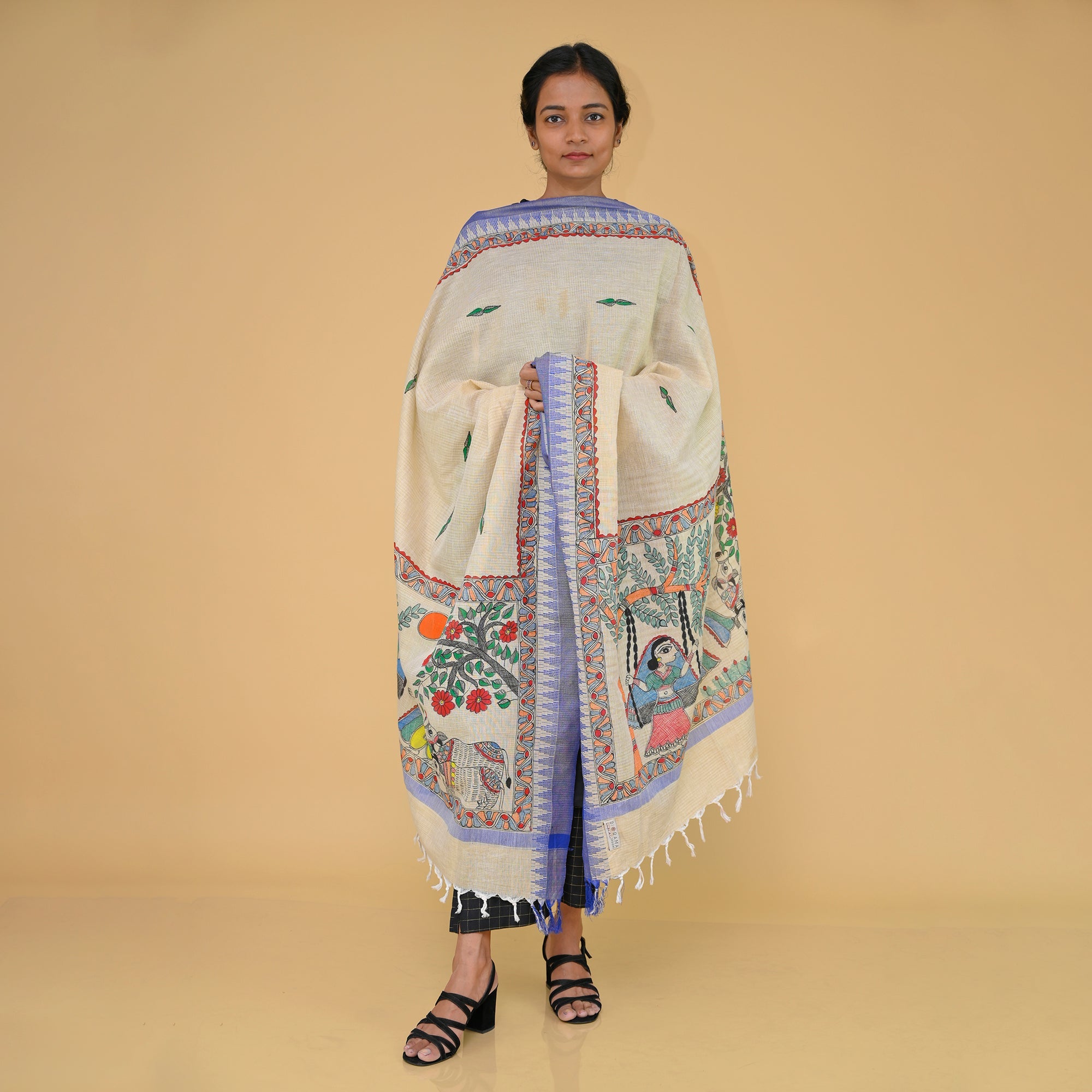 DIORAMA DESIGNS Beige - Handpainted Radhakrishna Madhubani Cotton Dupatta - view 2