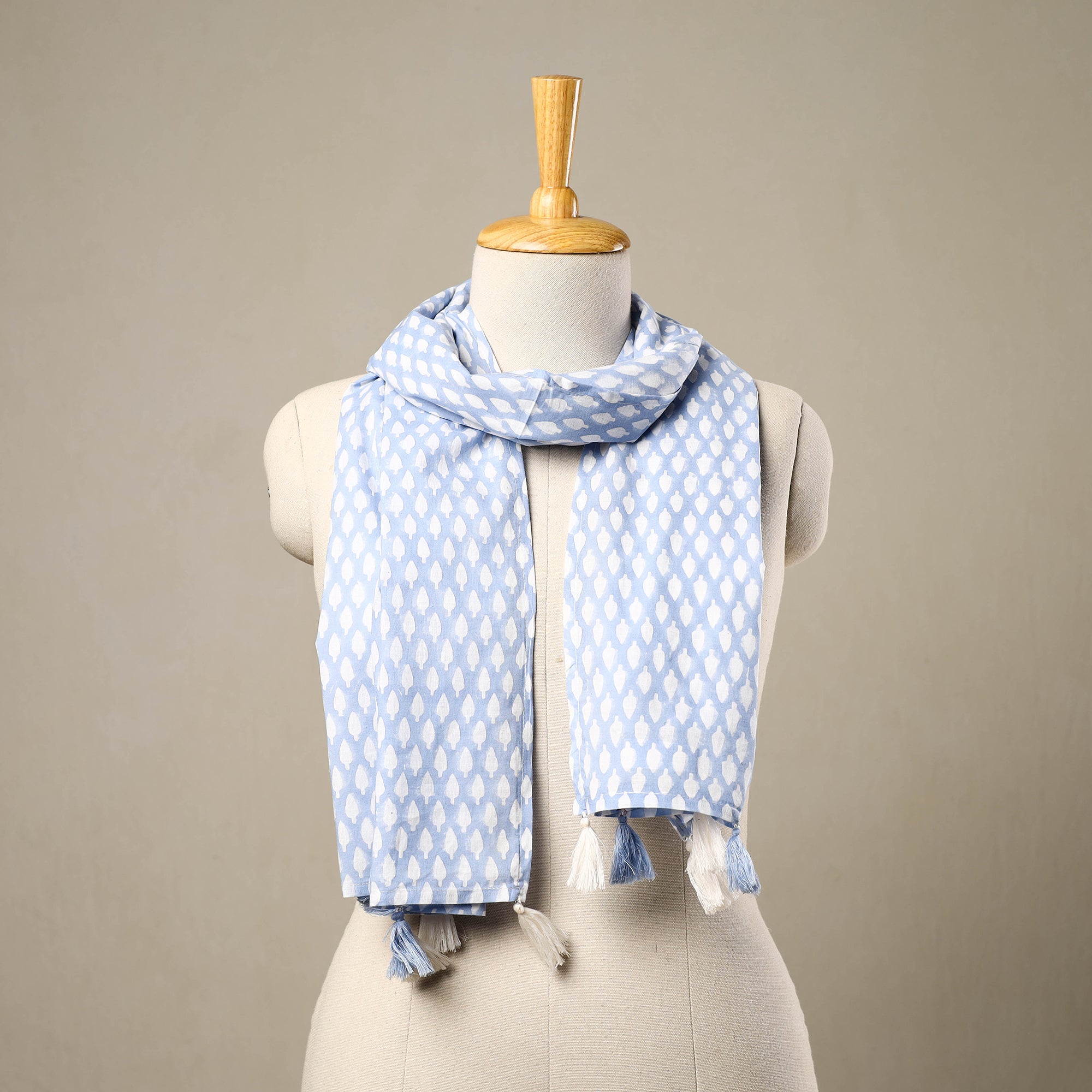 HAVELI CHRONICLES Blue - Block Print Cotton Sanganeri Stole with Tassels 54