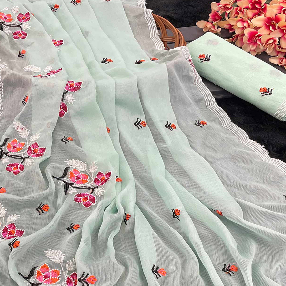 Peachmode Mint Green Floral Embroidered Chiffon Saree - view 2