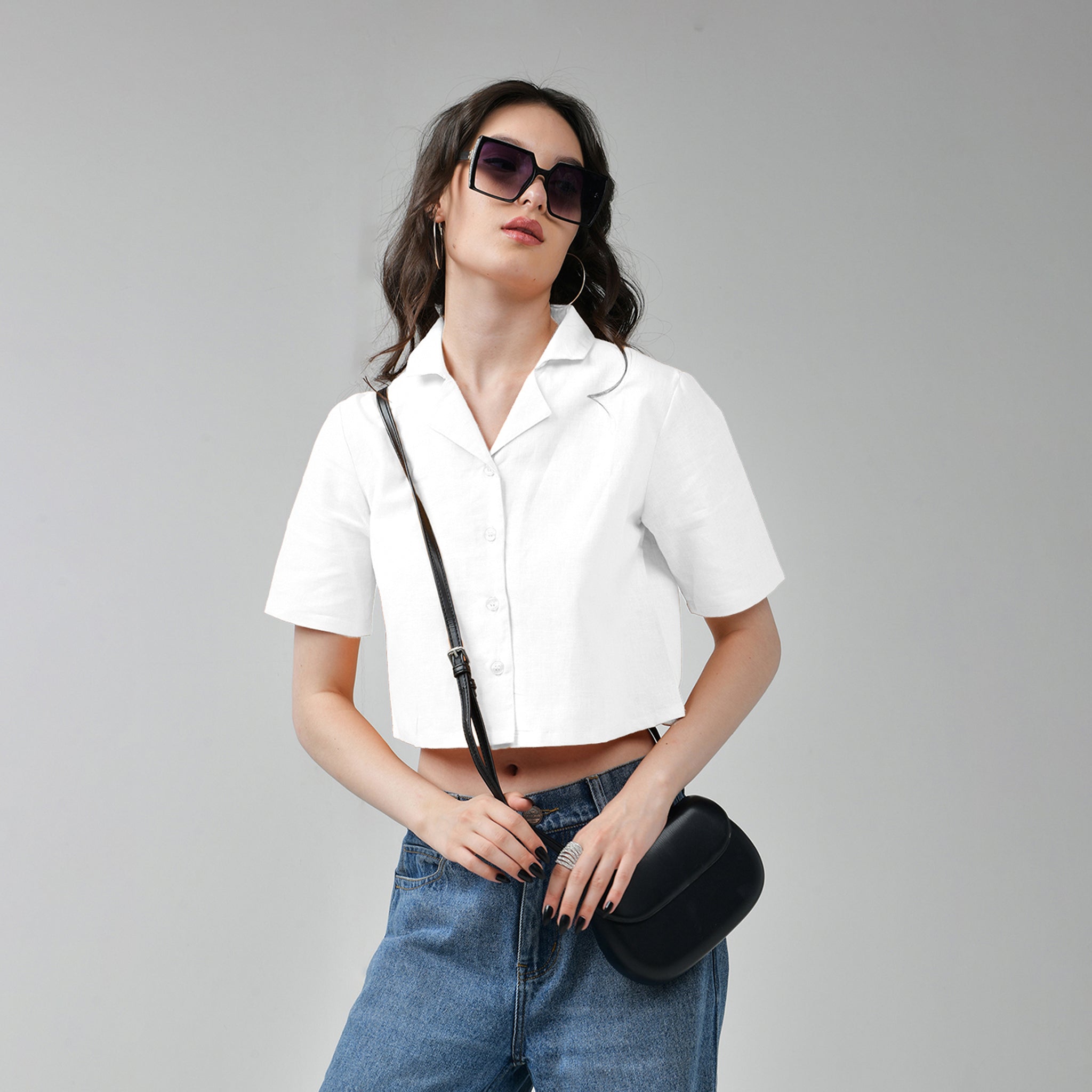 I Z F Baggy Jeans & White Crop Linen Shirts For Women - view 4
