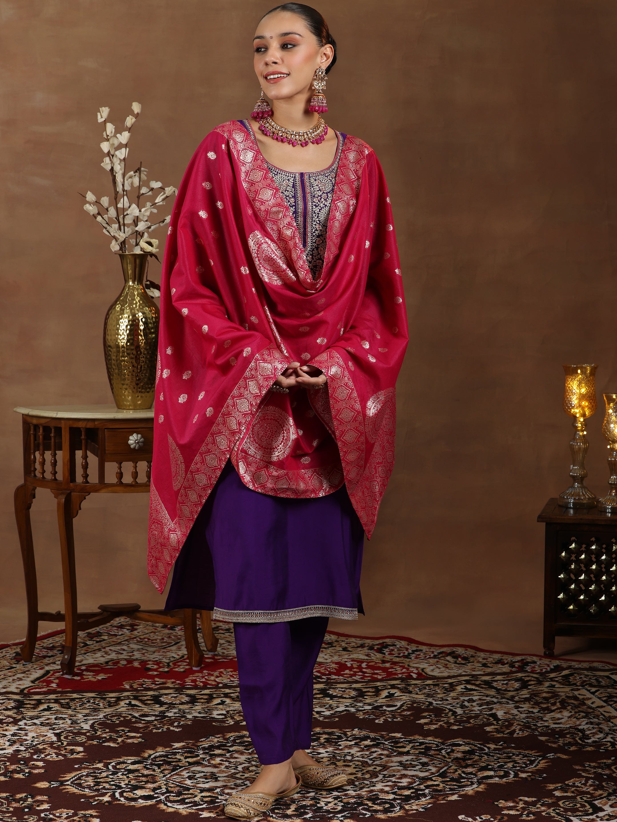 Gerua By Libas Purple Yoke Design Silk Blend Straight Suit With Dupatta
