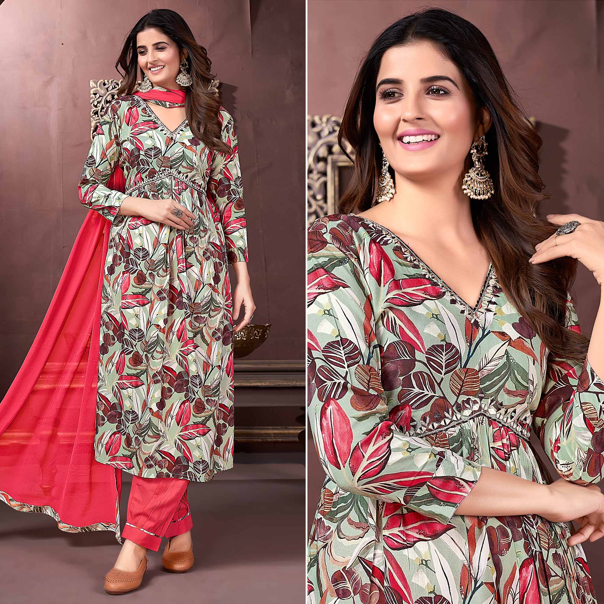 Peachmode Seller Dusty Green Floral Printed Rayon Alia Cut Salwar Suit