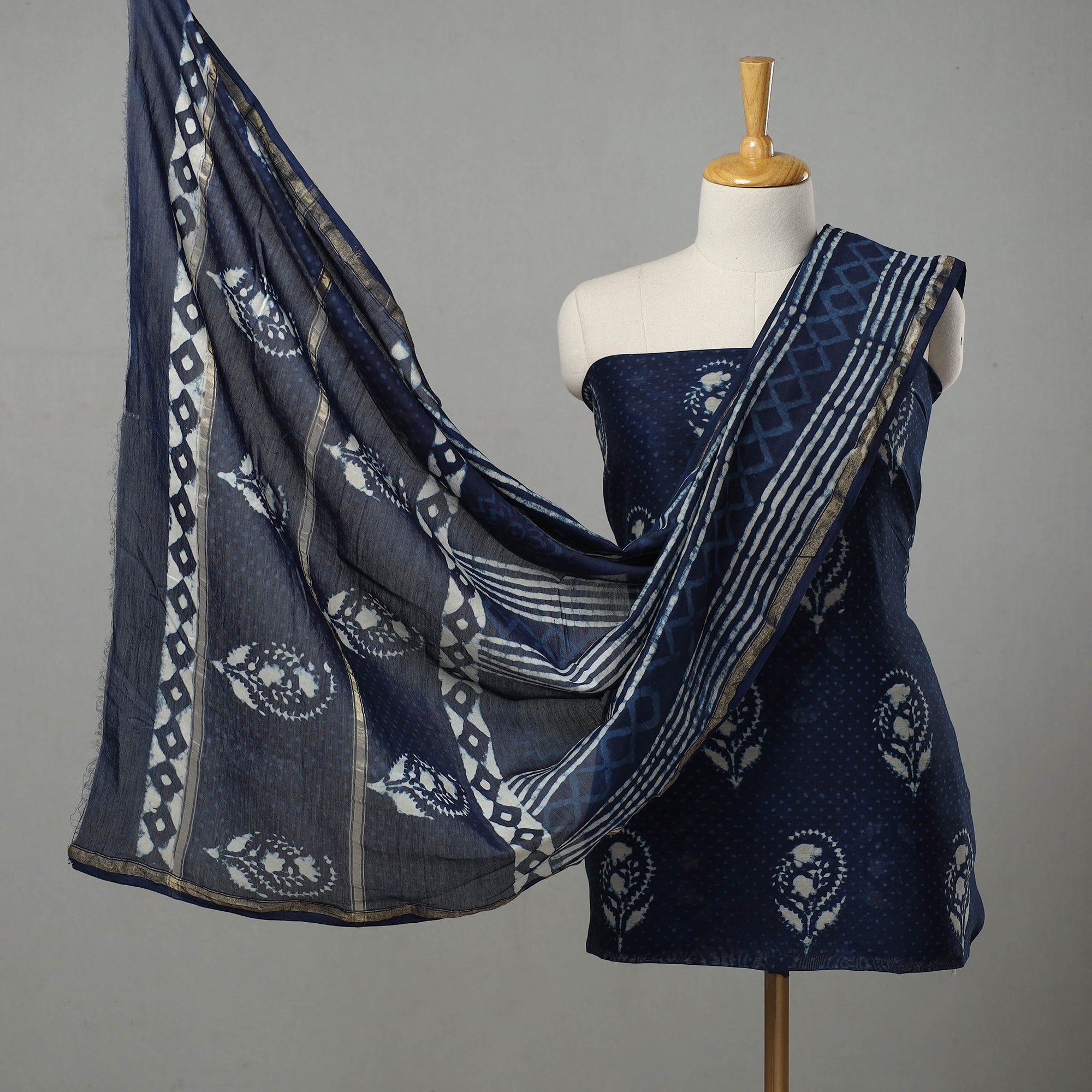 ARTISAN HAND BLOCK PRINTS Blue - 3pc Chanderi Silk Indigo Bagru Print Dress Material 10