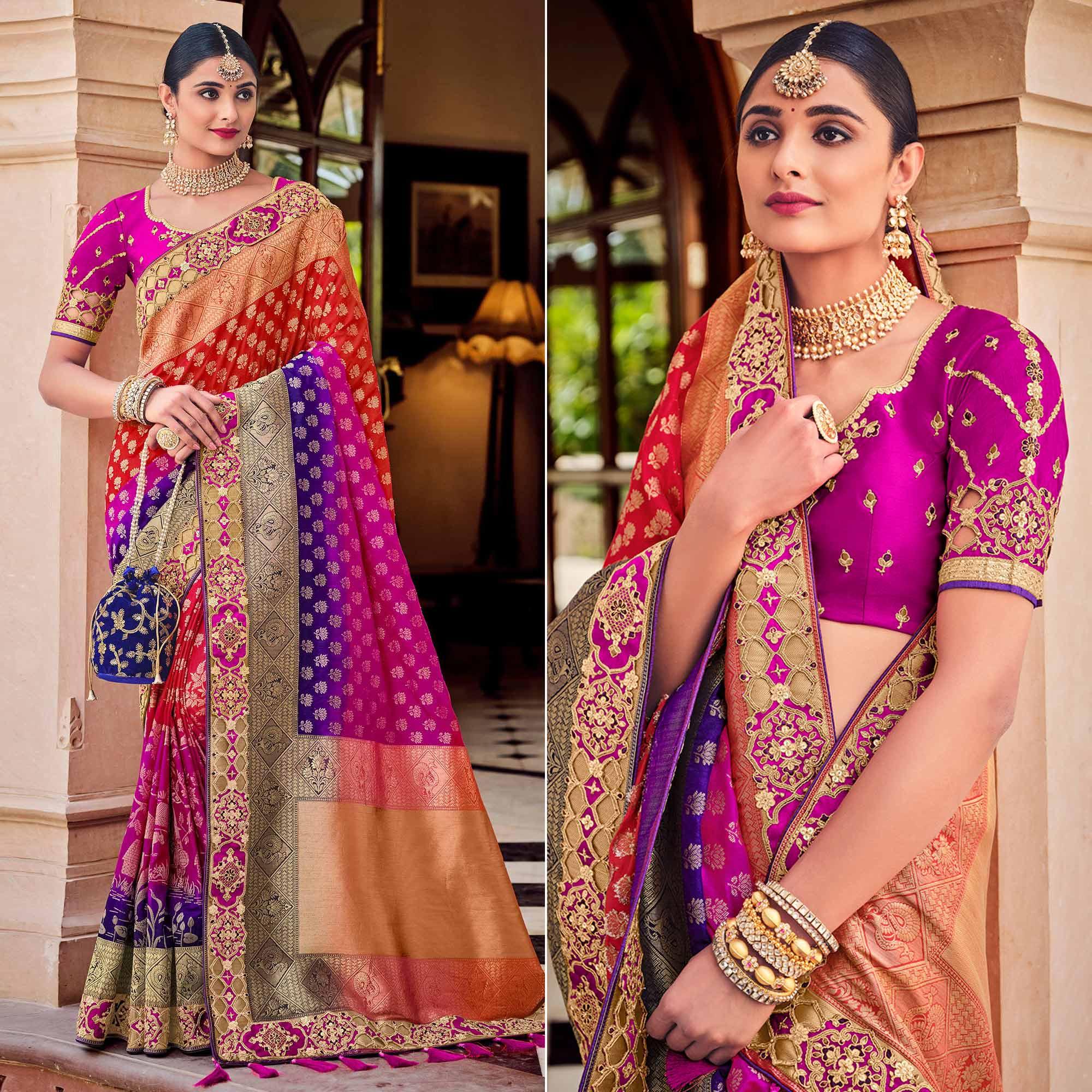 Peachmode Multi Party Wear Woven-Embroidered Silk Saree