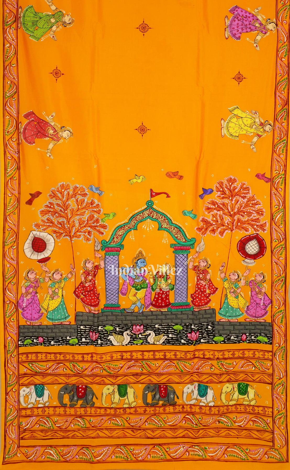 IndianVillèz Yellow Krishna Rasa Leela Theme Hand-Painted Pattachitra Saree