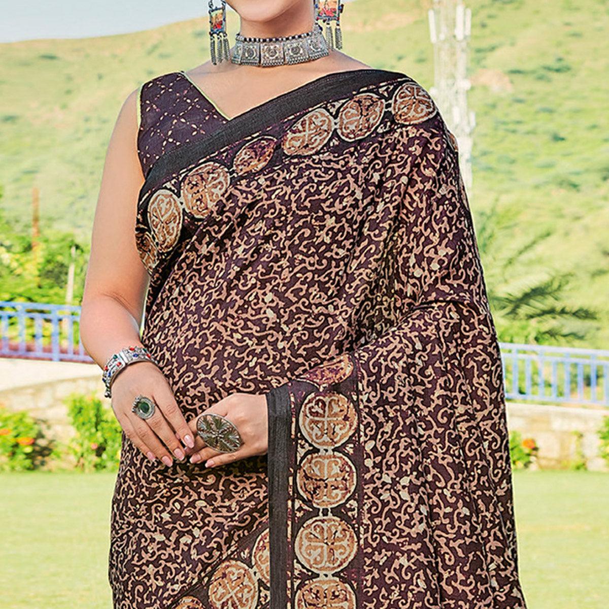 Peachmode Dark Purple Printed Cotton Silk Saree - view 2