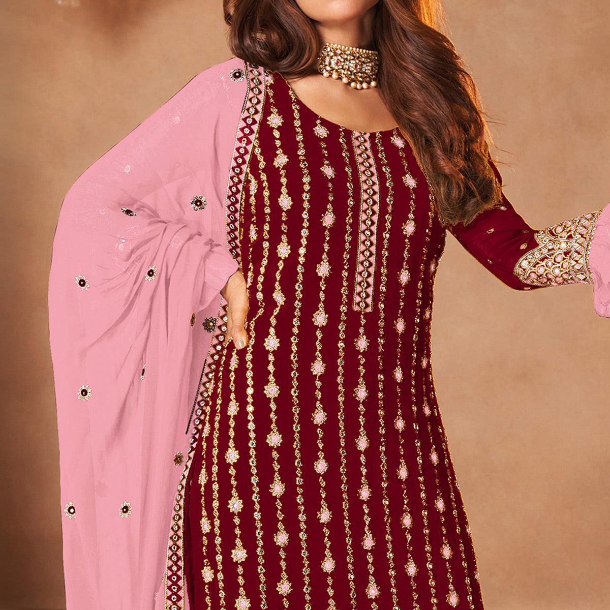 Peachmode Maroon Partywear Sequins Embroidered Georgette Palazzo Suit - view 2